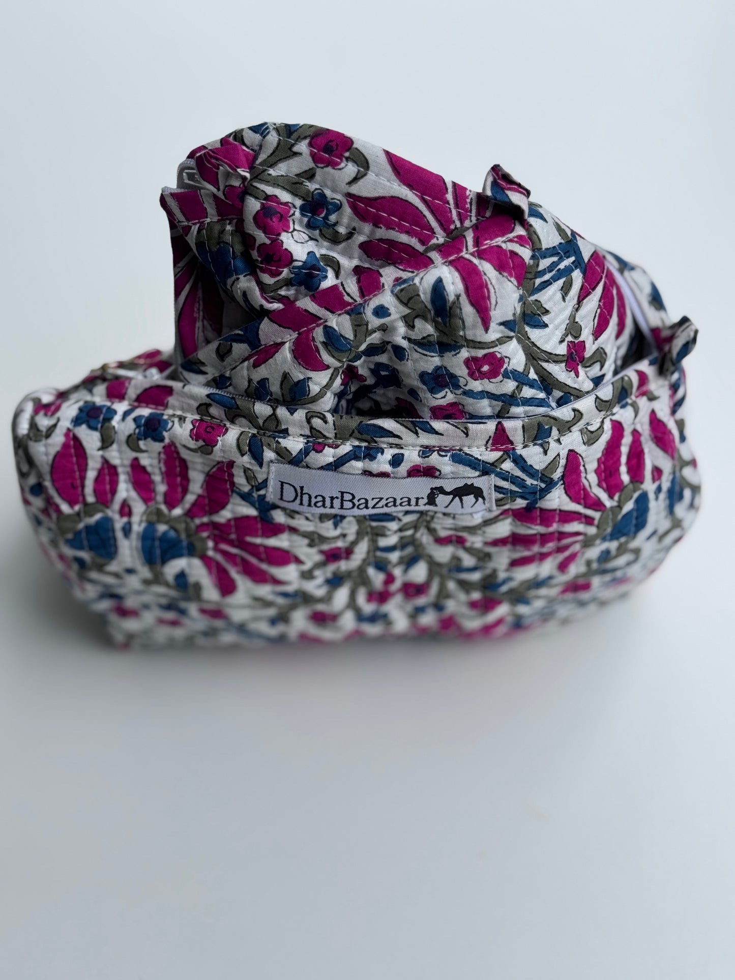 Hand-Block Print Travel Pouch | Set of 3 | Pink Jasmine