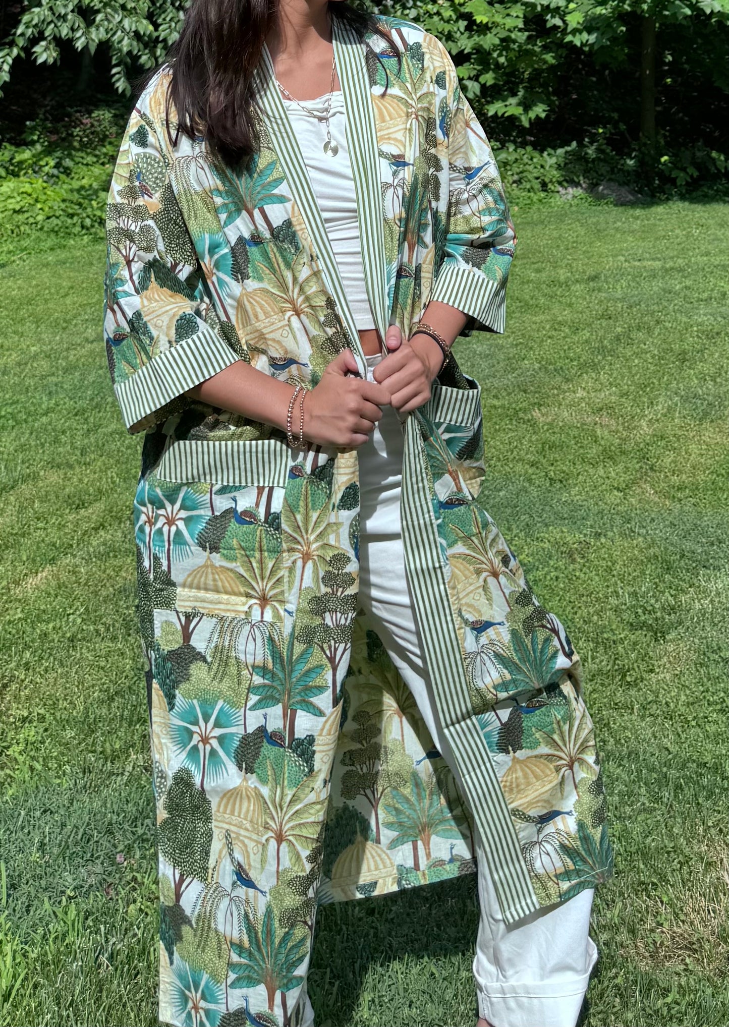Hand-Block Print Robe | Emerald Jungle