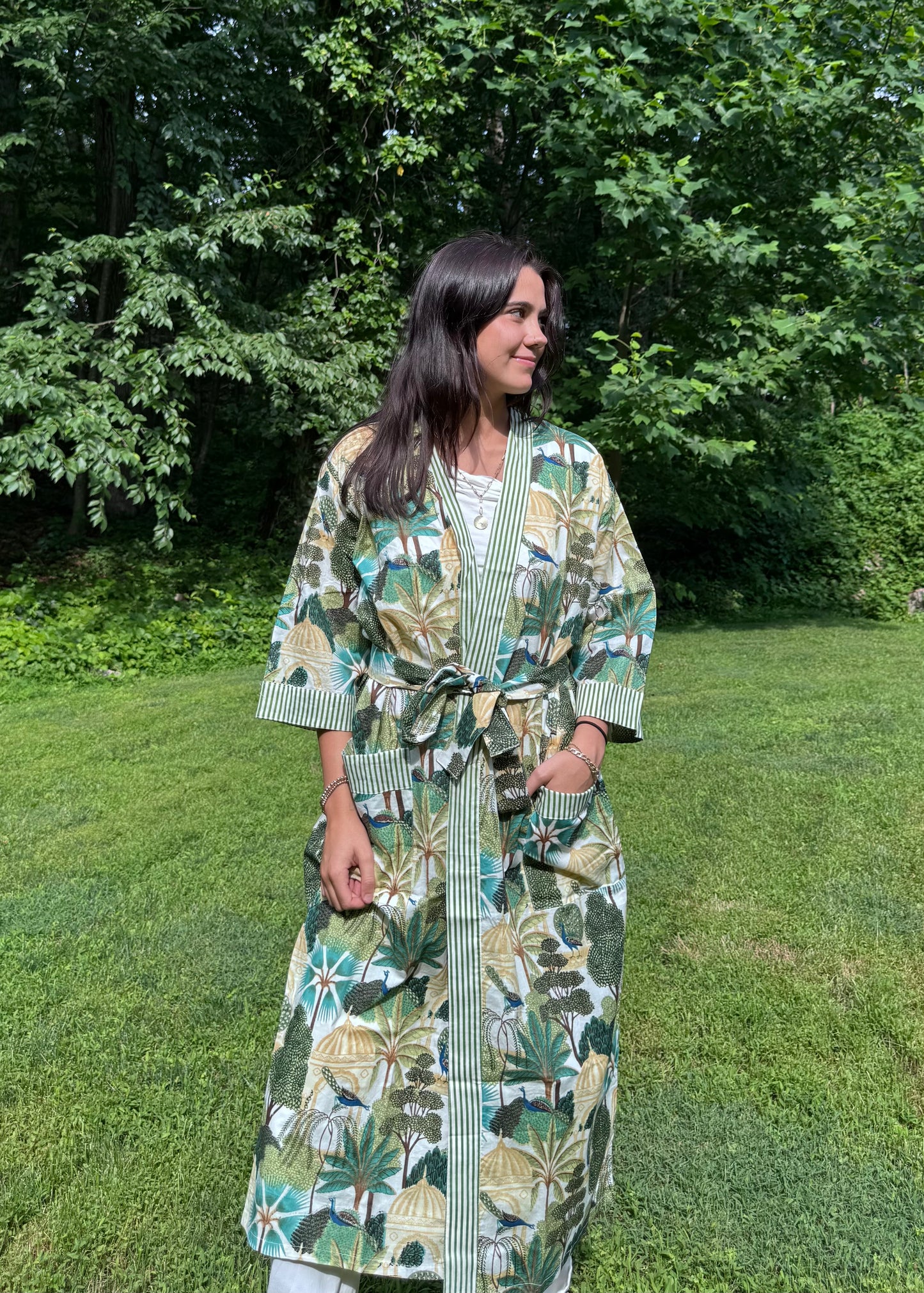 Hand-Block Print Robe | Emerald Jungle