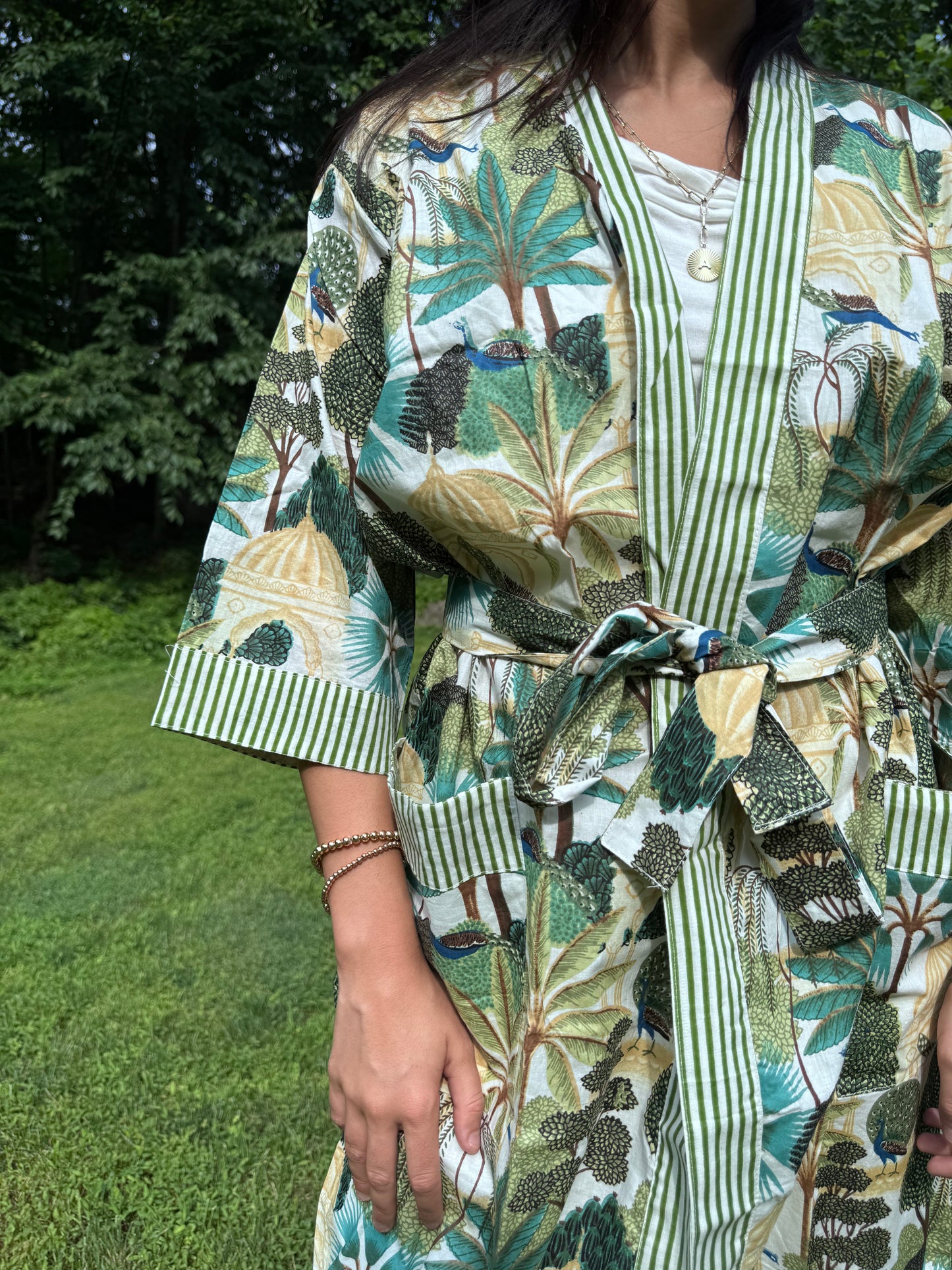 Hand-Block Print Robe | Emerald Jungle
