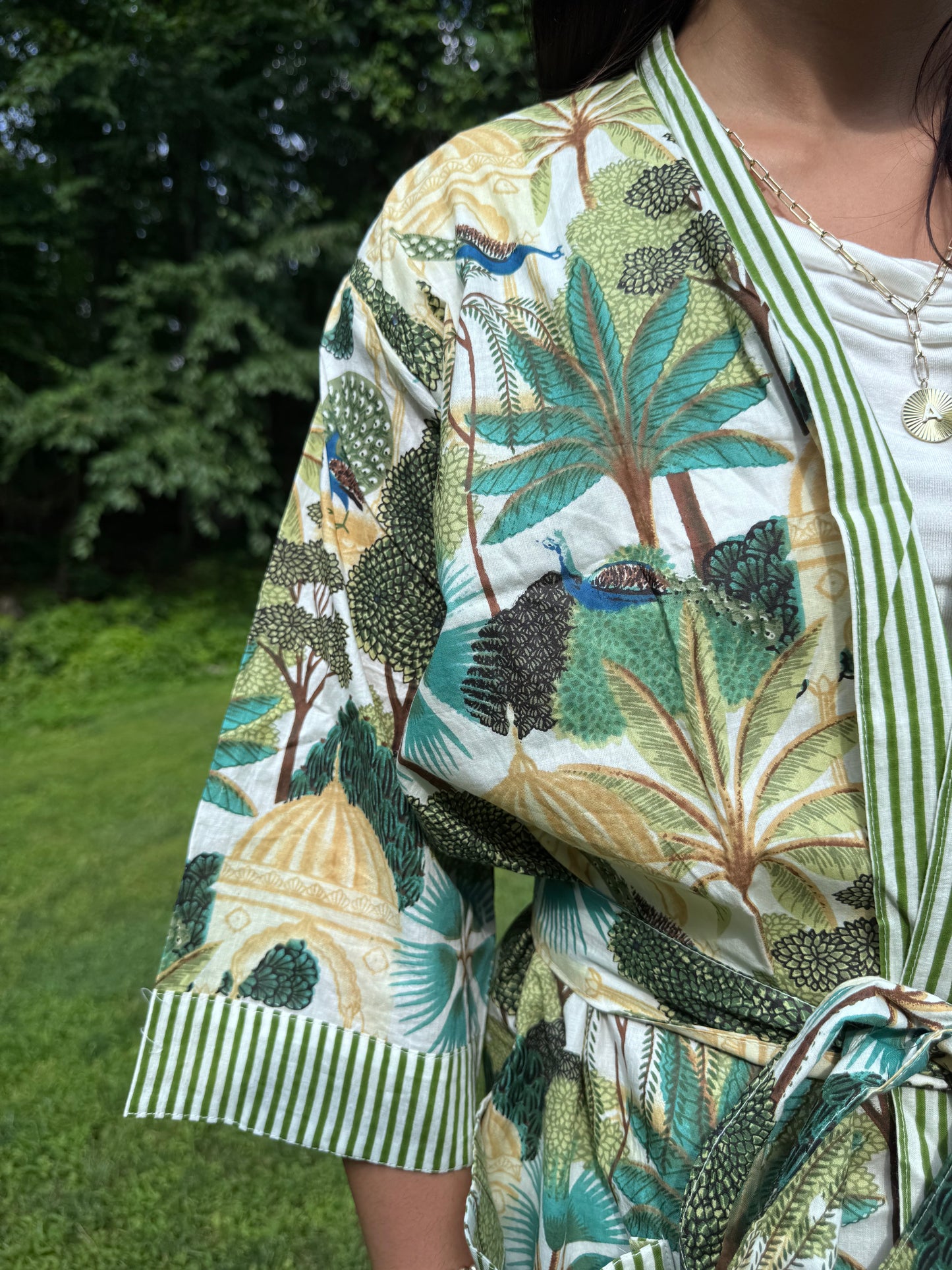 Hand-Block Print Robe | Emerald Jungle