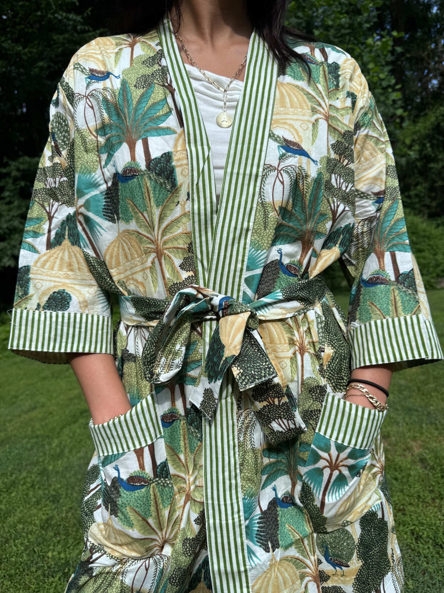 Hand-Block Print Robe | Emerald Jungle