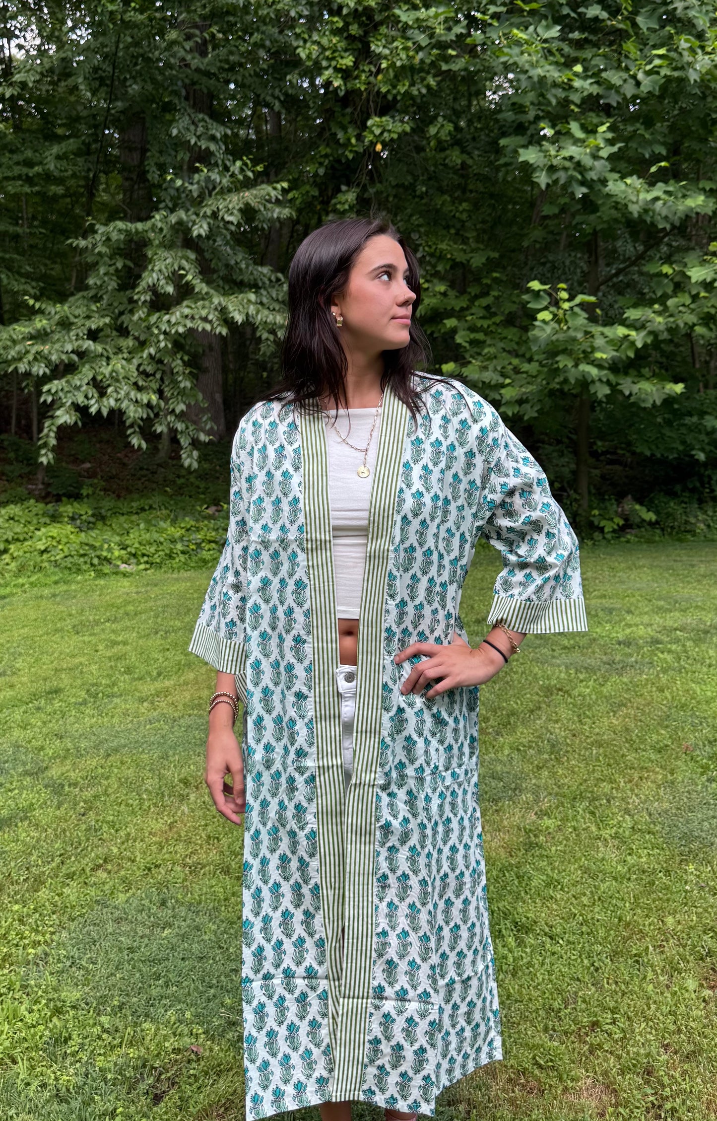 Hand-Block Print Robe | Green Genda