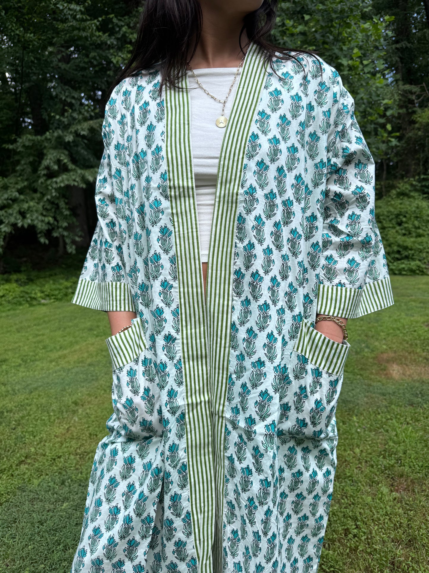 Hand-Block Print Robe | Green Genda