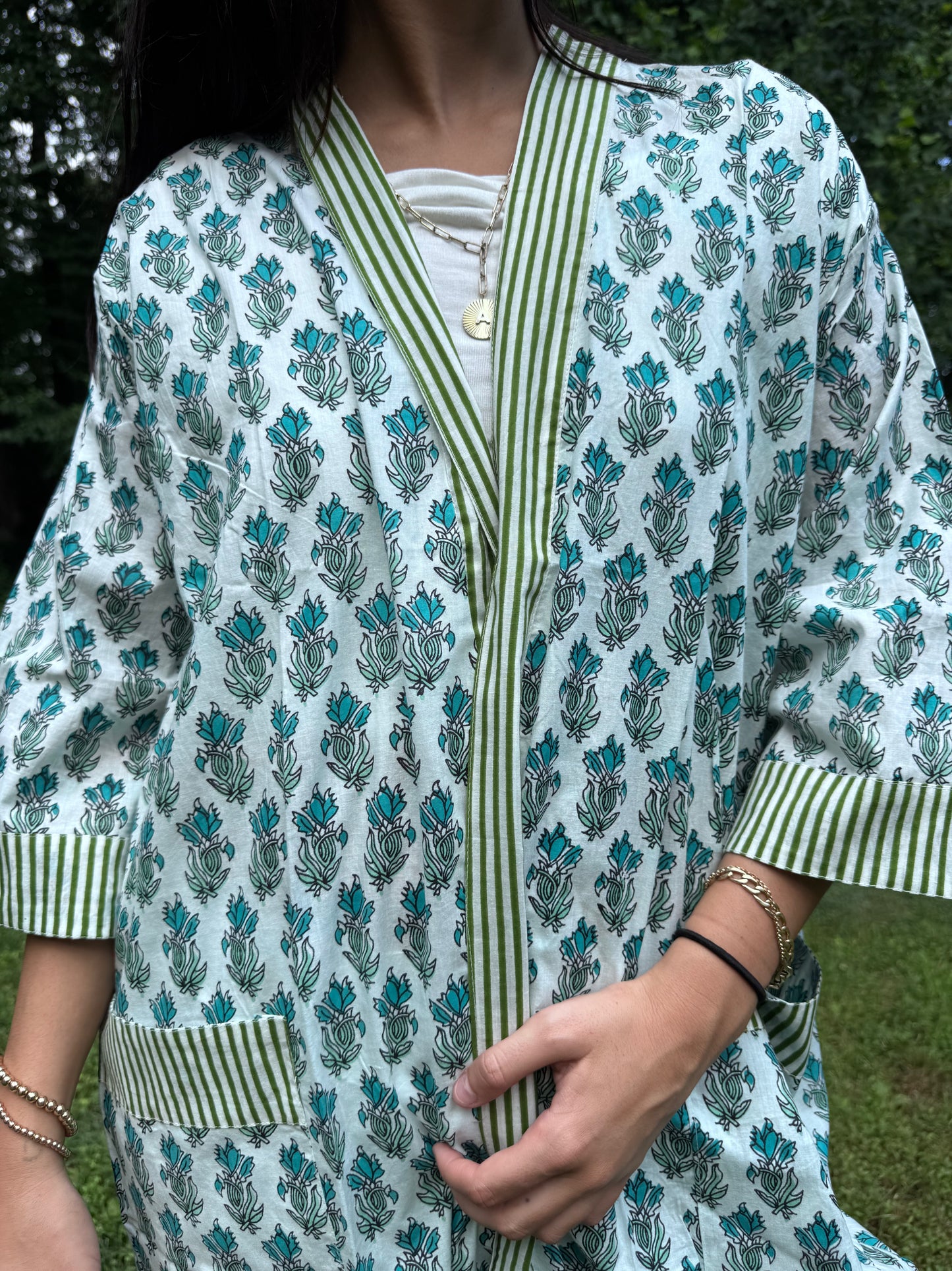 Hand-Block Print Robe | Green Genda