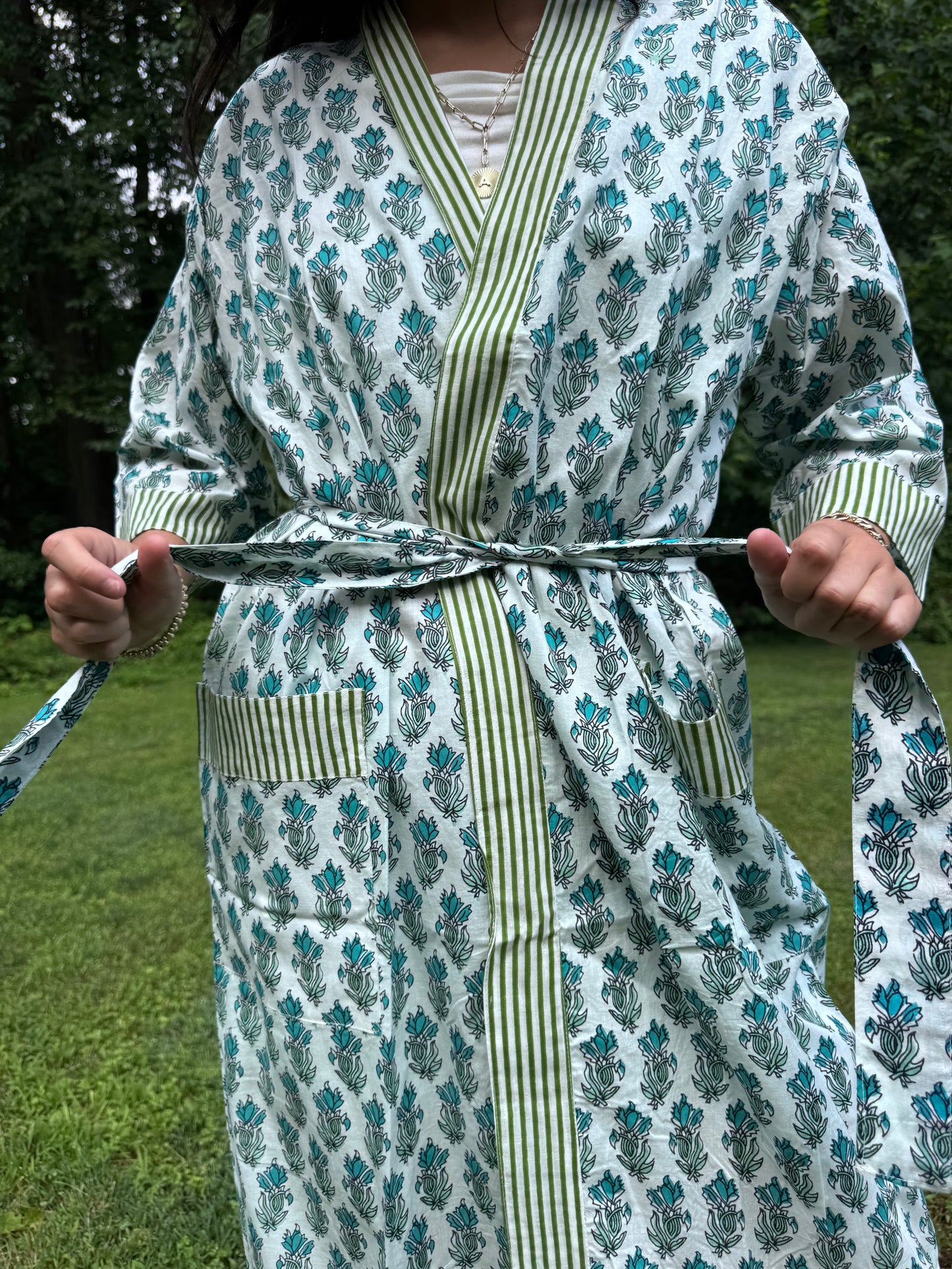 Hand-Block Print Robe | Green Genda