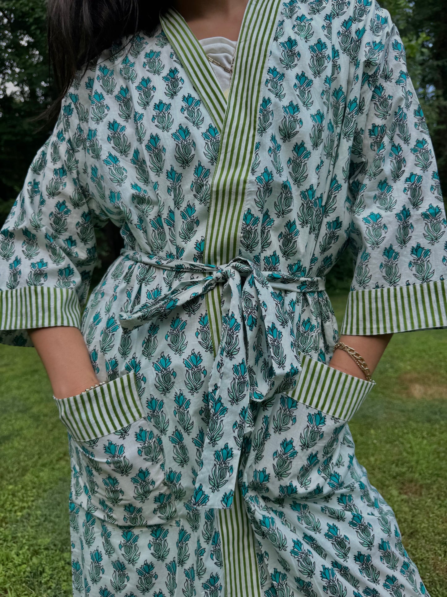 Hand-Block Print Robe | Green Genda