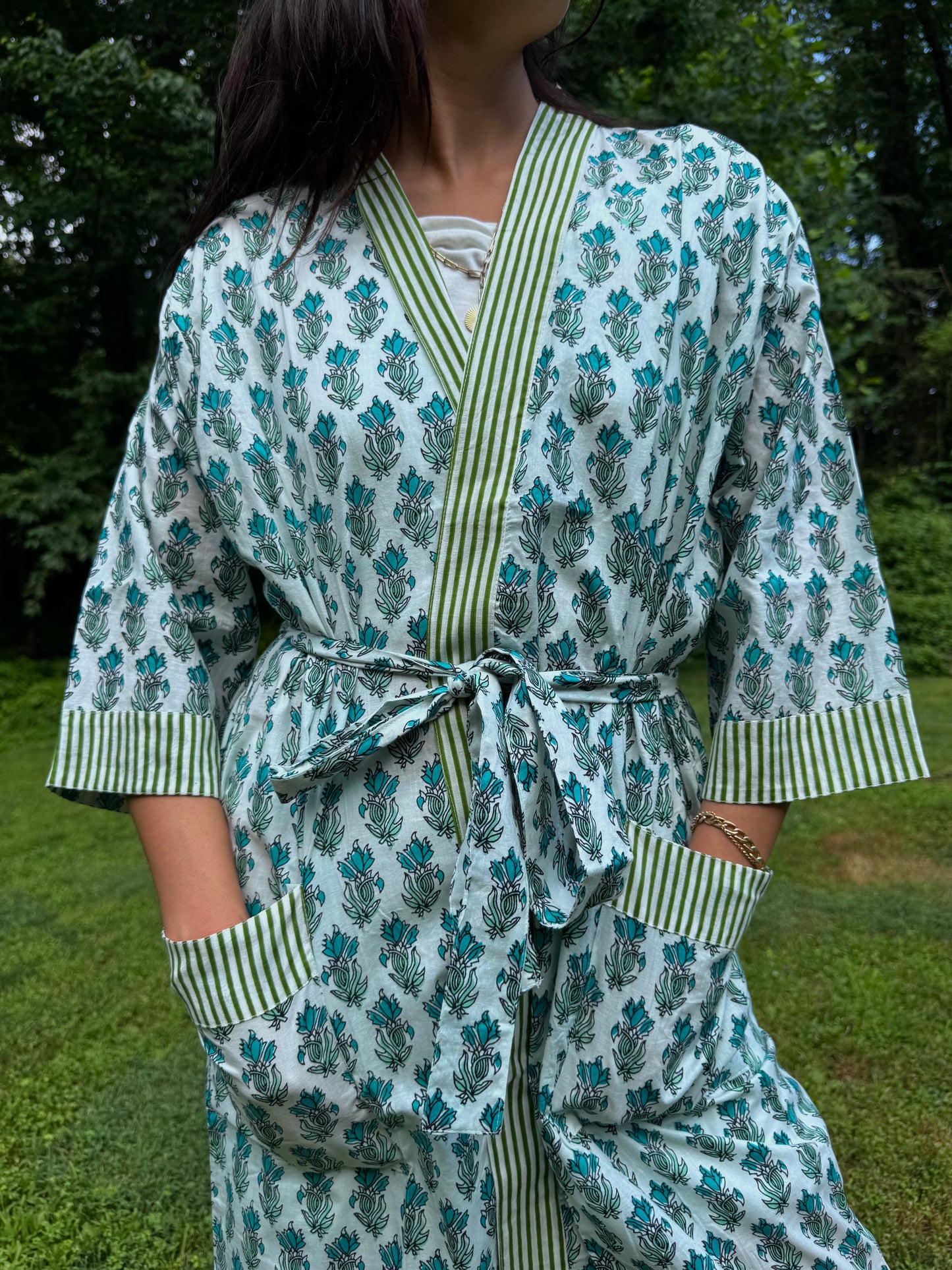 Hand-Block Print Robe | Green Genda