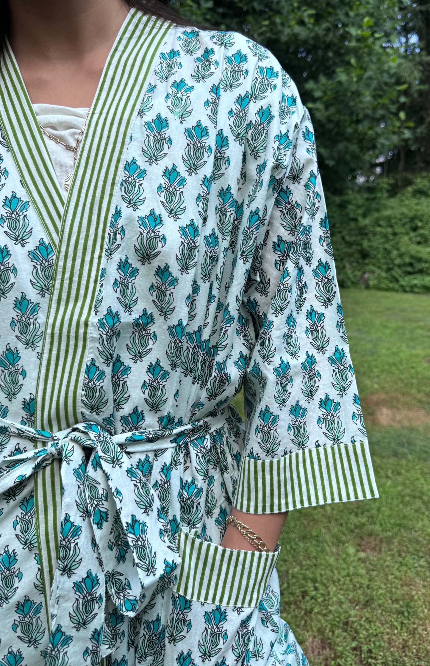 Hand-Block Print Robe | Green Genda