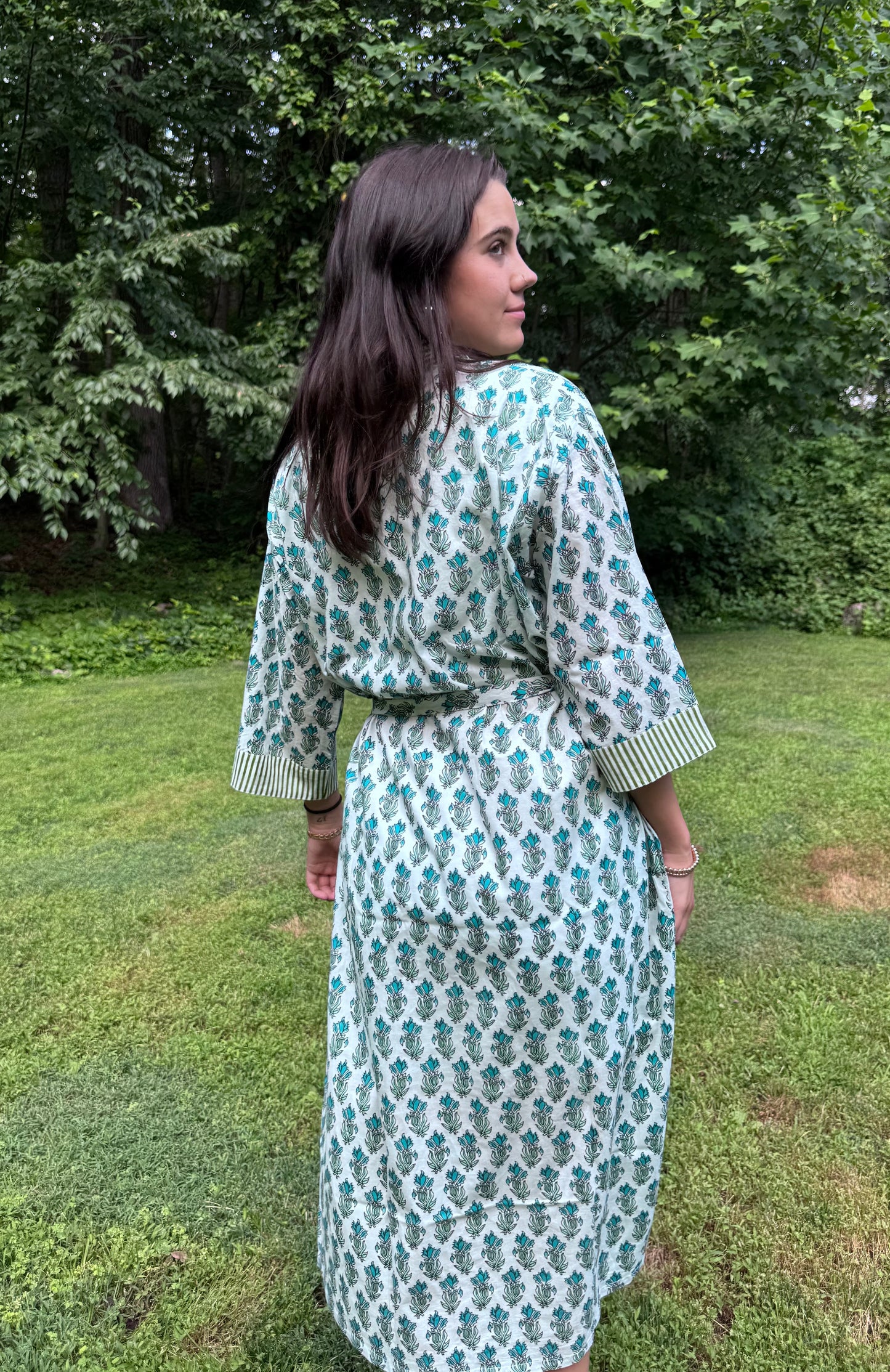 Hand-Block Print Robe | Green Genda