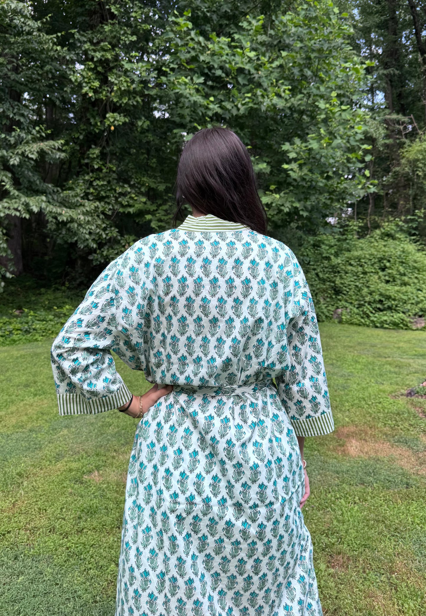 Hand-Block Print Robe | Green Genda