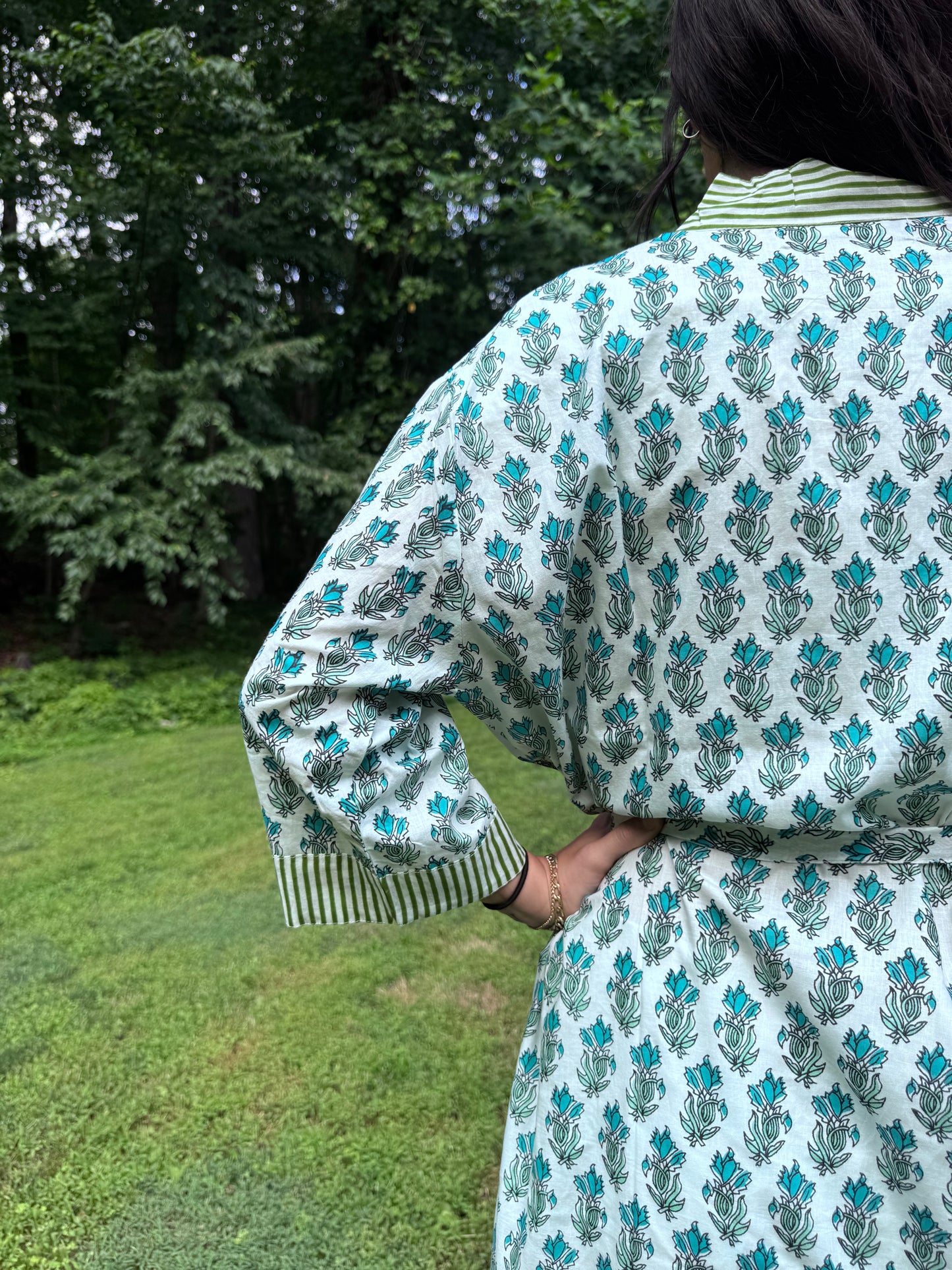 Hand-Block Print Robe | Green Genda