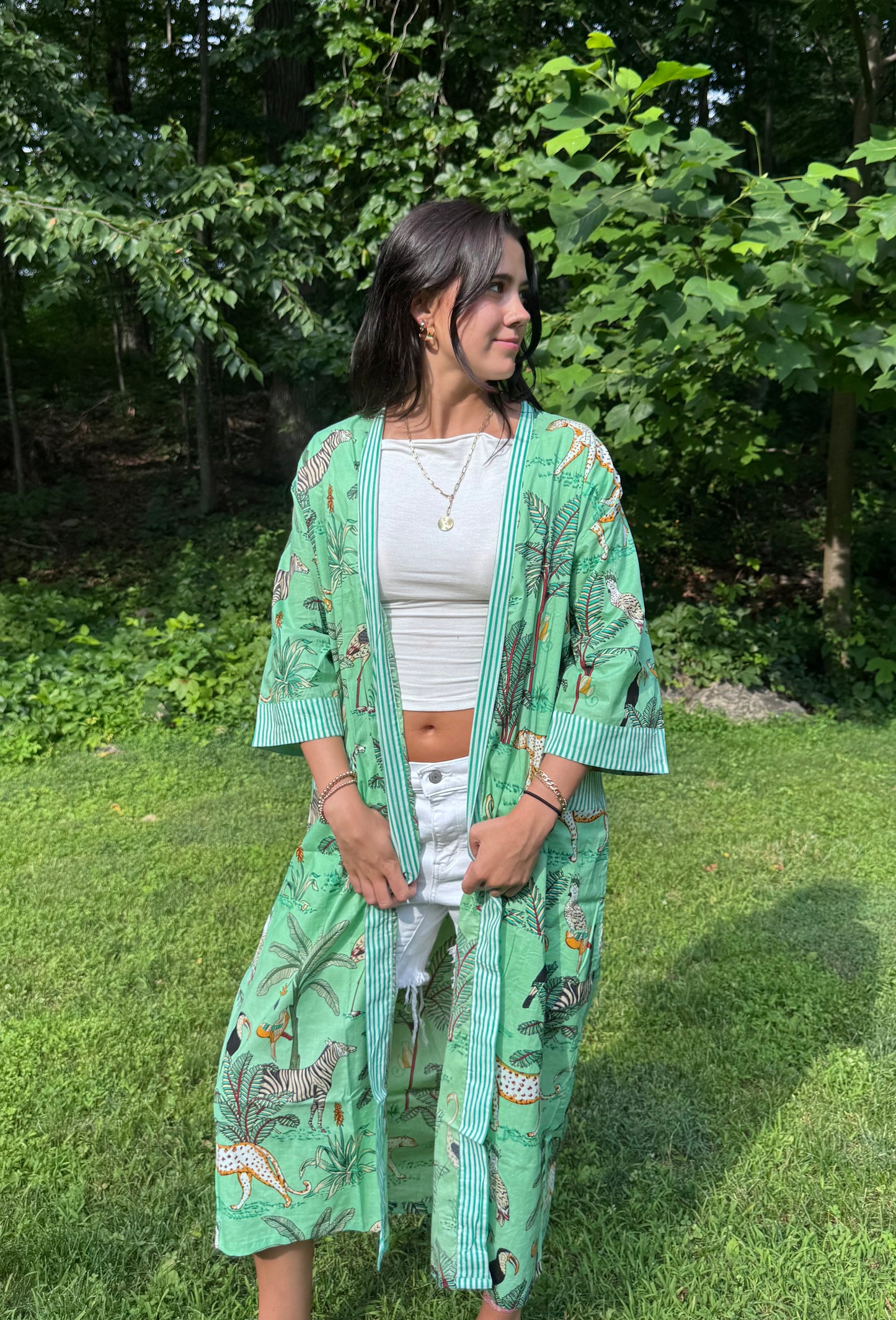 Hand-Block Print Robe | Mint Leopard