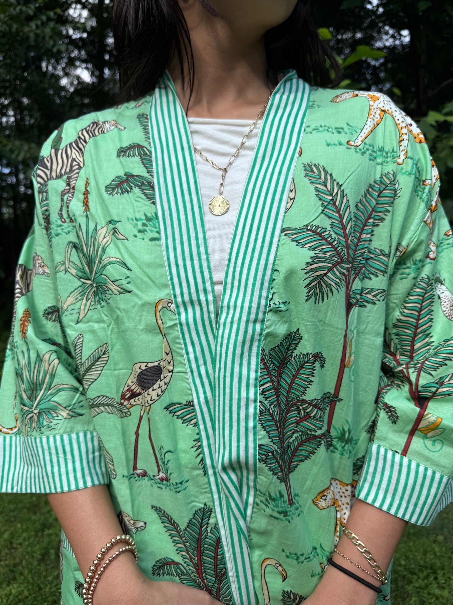 Hand-Block Print Robe | Mint Leopard