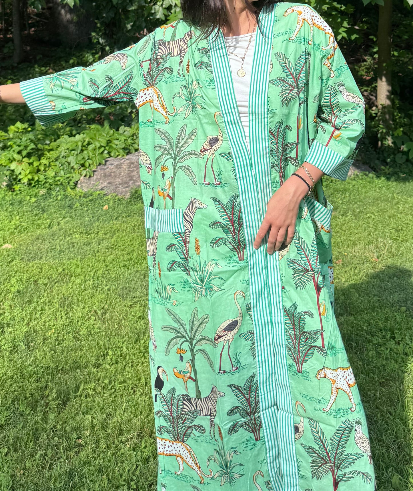 Hand-Block Print Robe | Mint Leopard