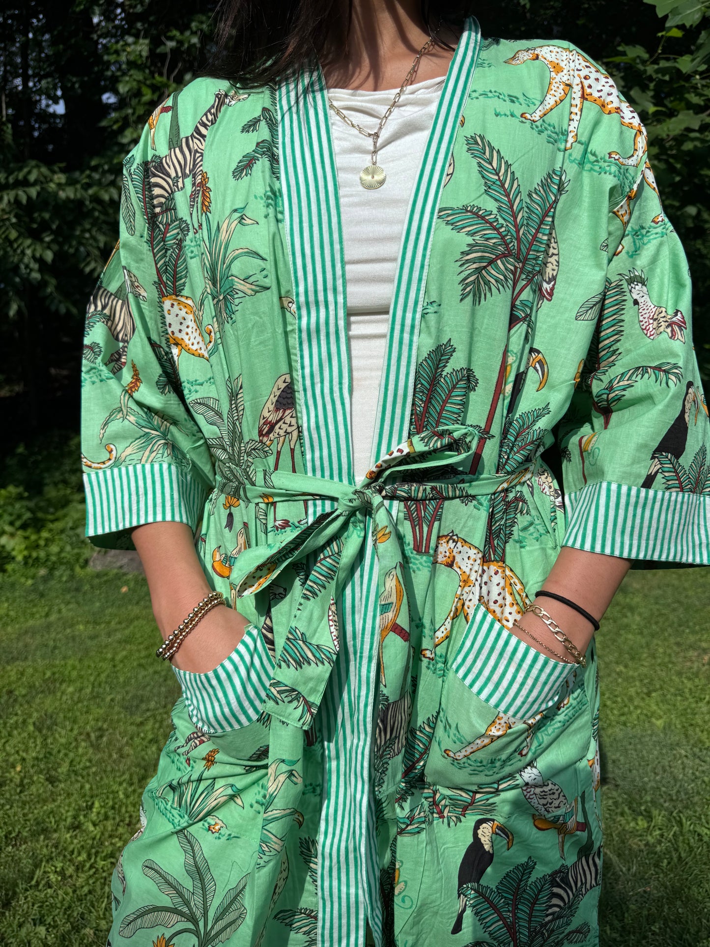 Hand-Block Print Robe | Mint Leopard