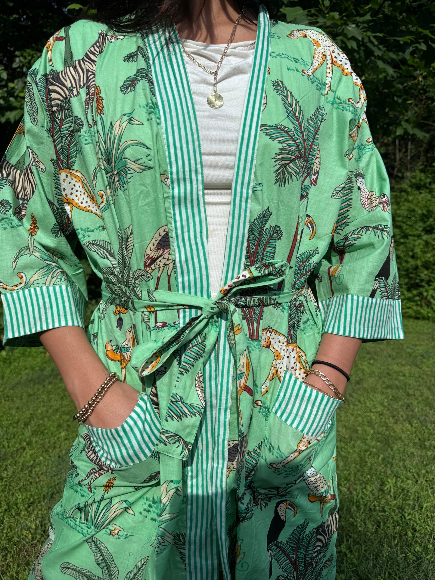 Hand-Block Print Robe | Mint Leopard