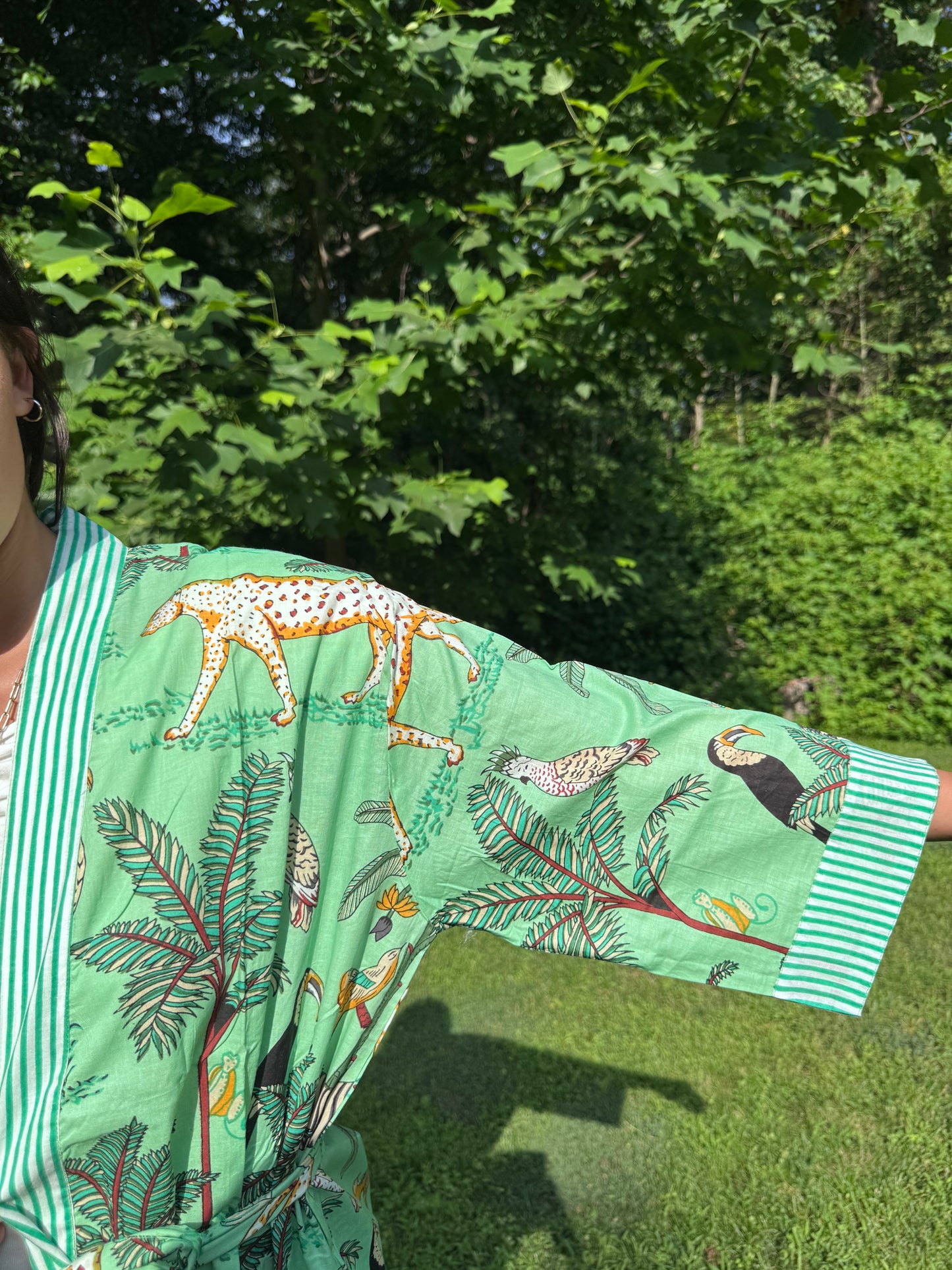 Hand-Block Print Robe | Mint Leopard