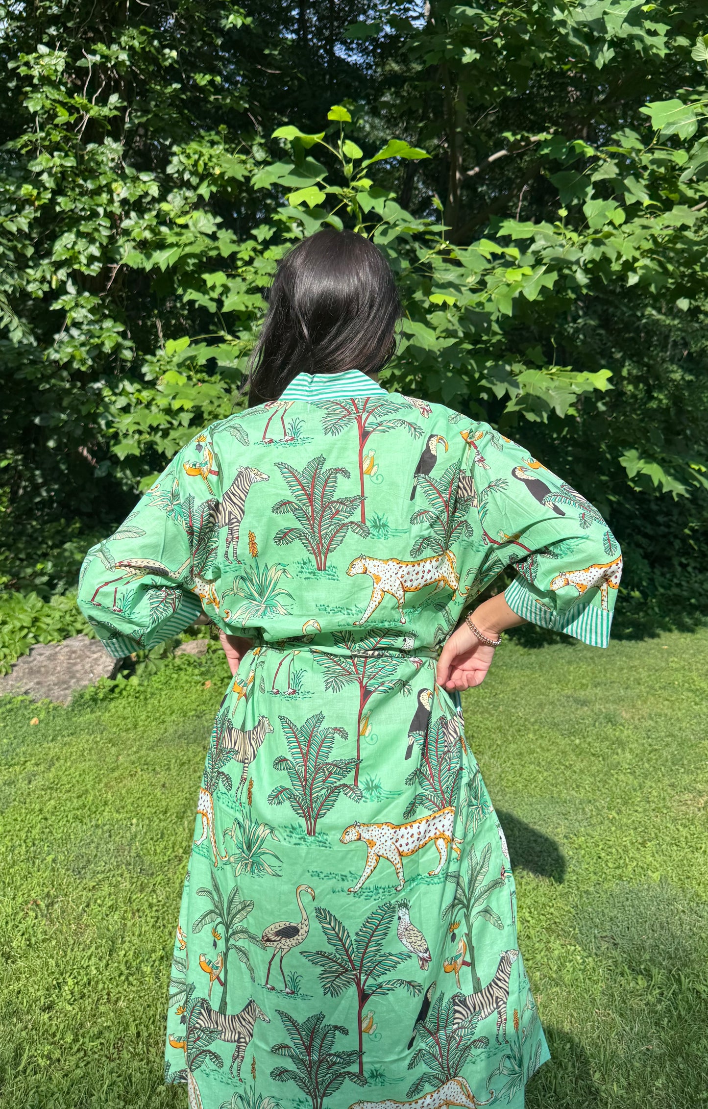 Hand-Block Print Robe | Mint Leopard