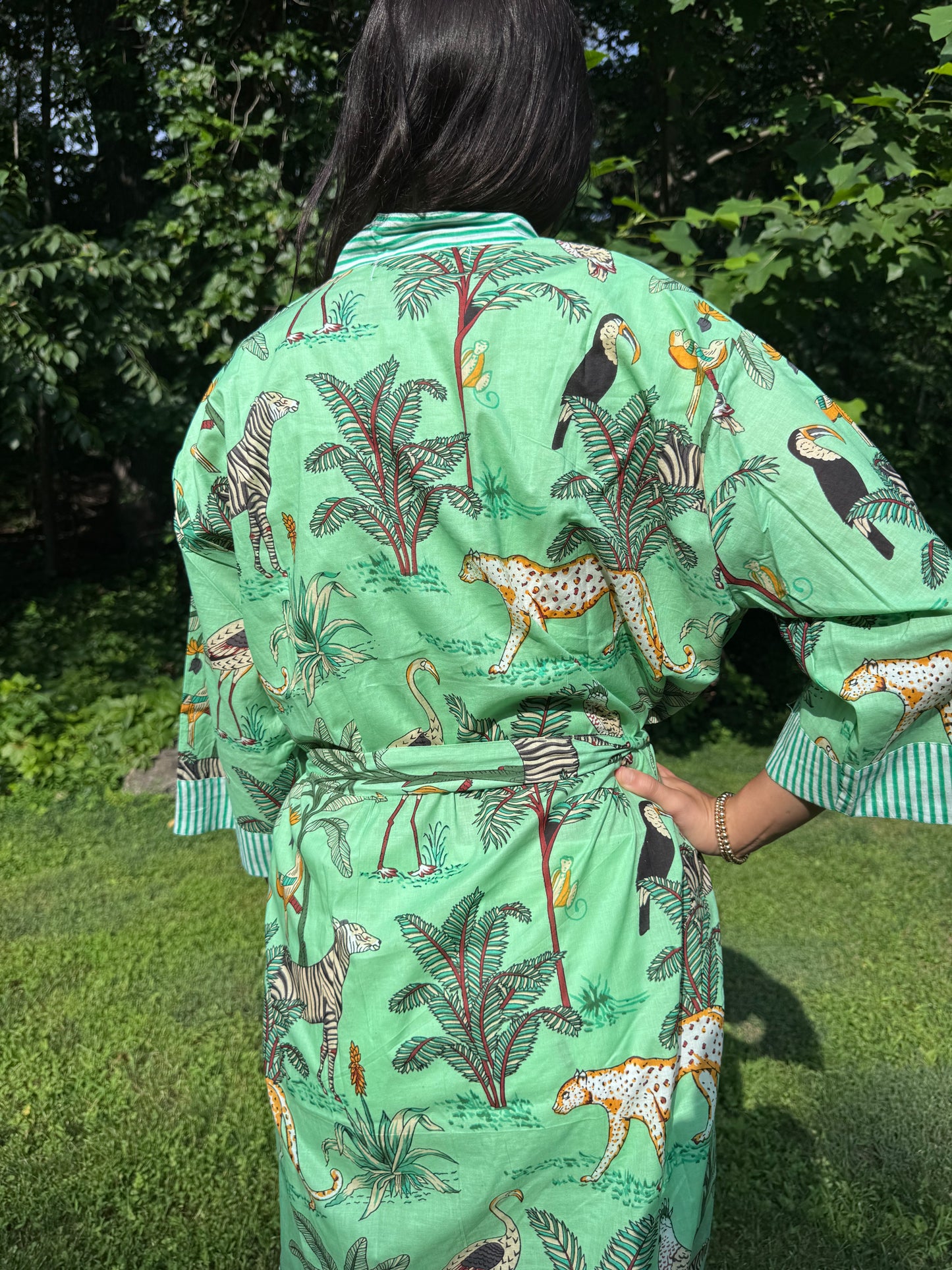 Hand-Block Print Robe | Mint Leopard