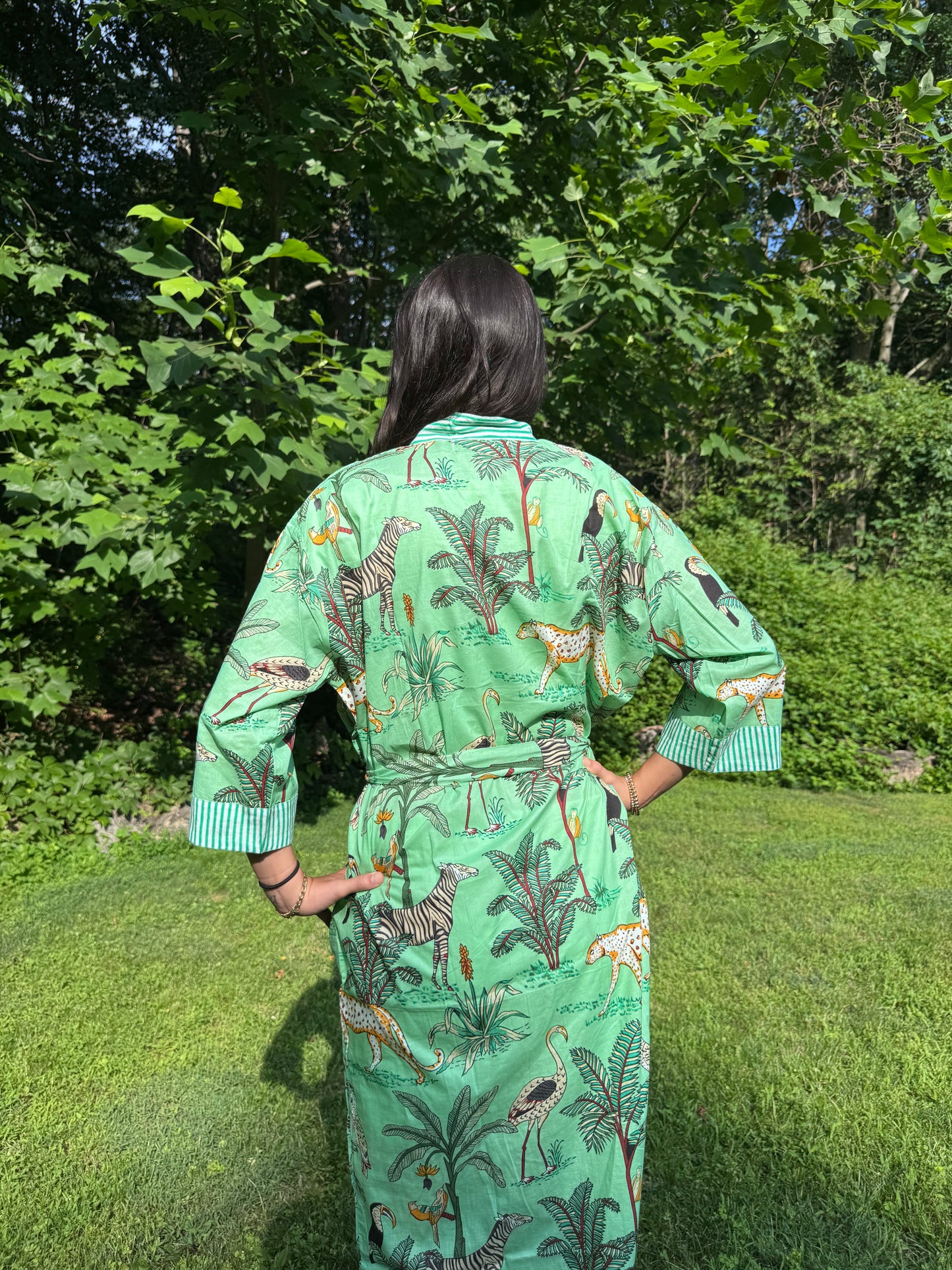 Hand-Block Print Robe | Mint Leopard
