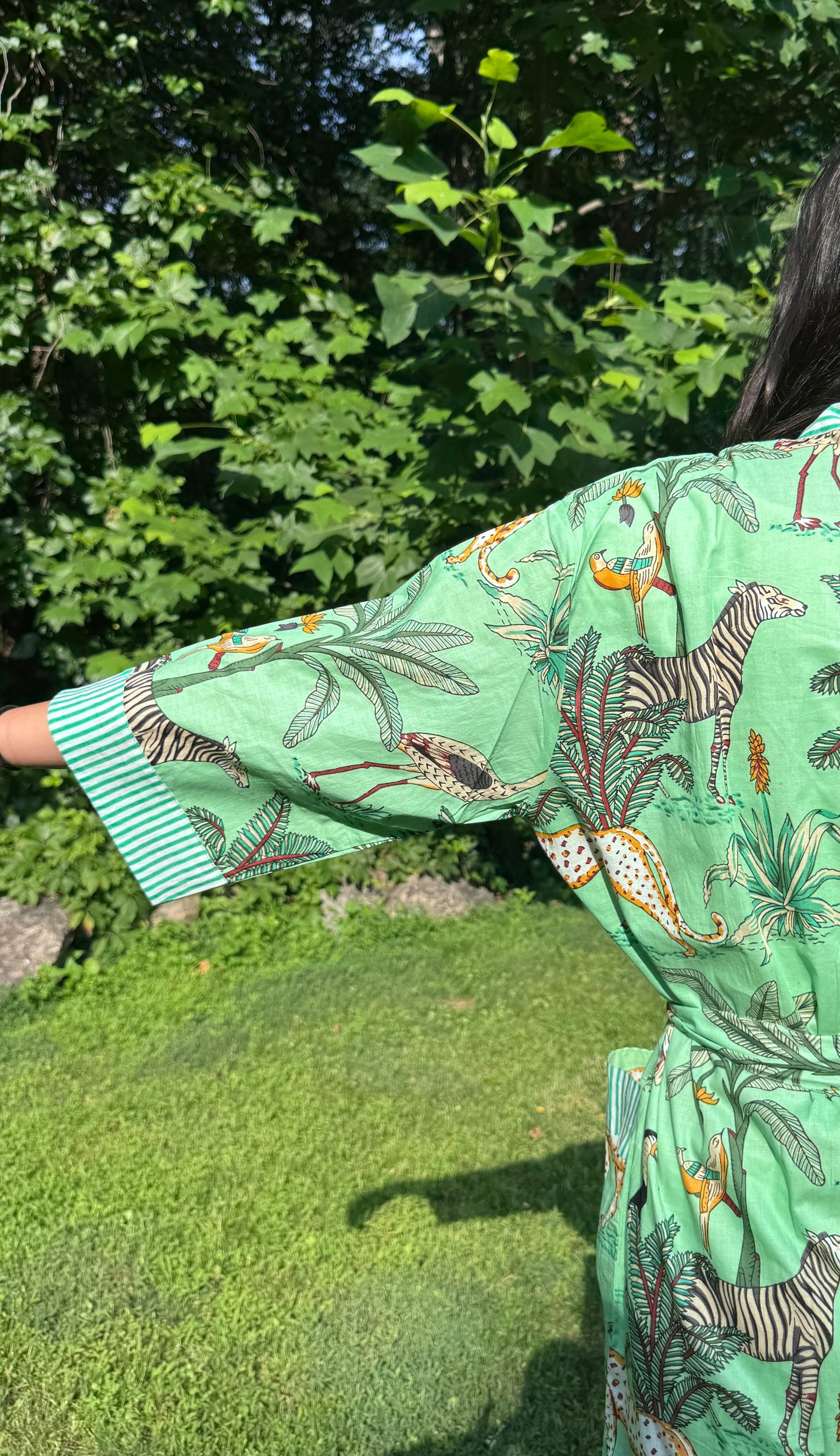 Hand-Block Print Robe | Mint Leopard