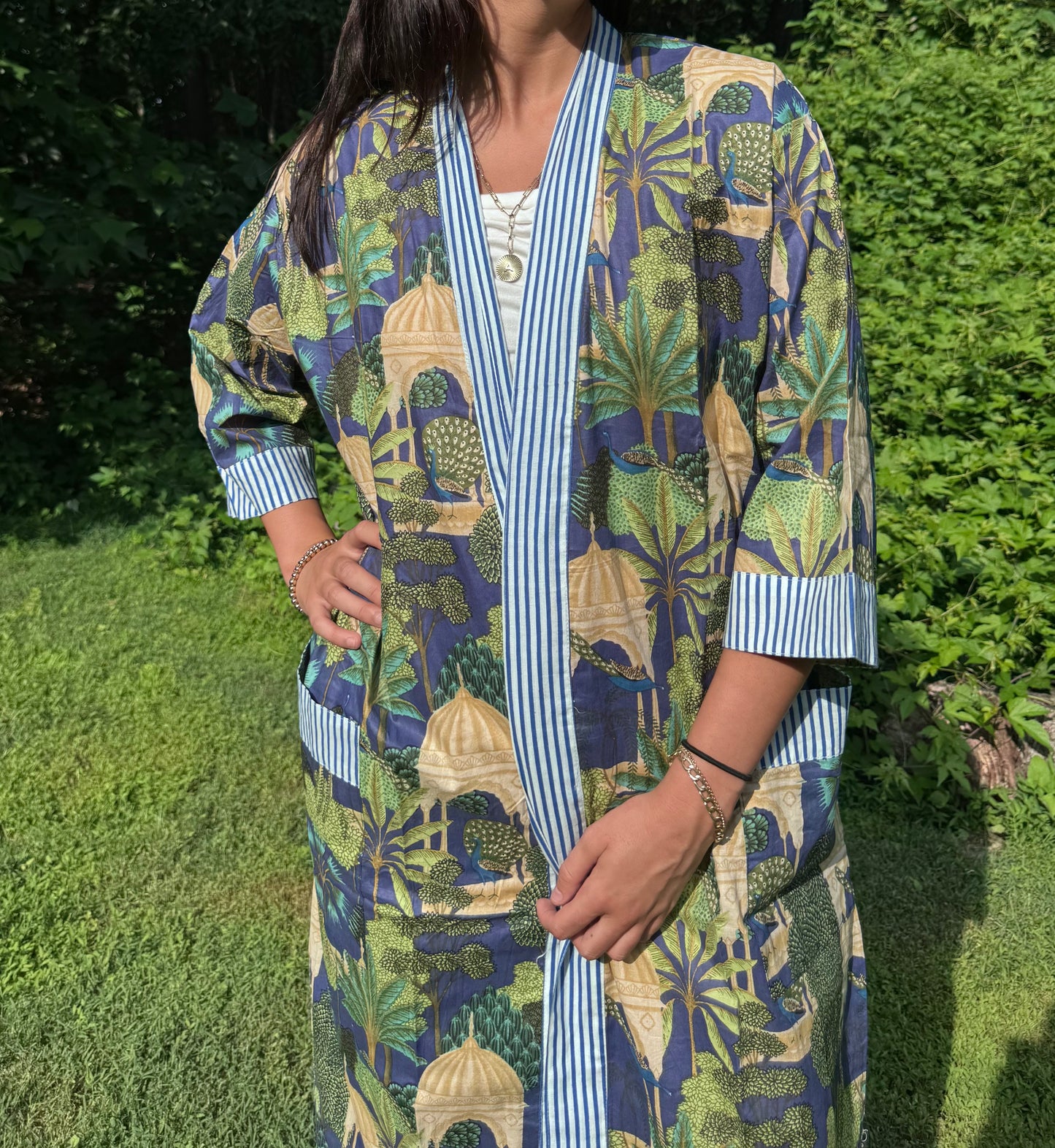 Hand-Block Print Robe | Midnight Jungle
