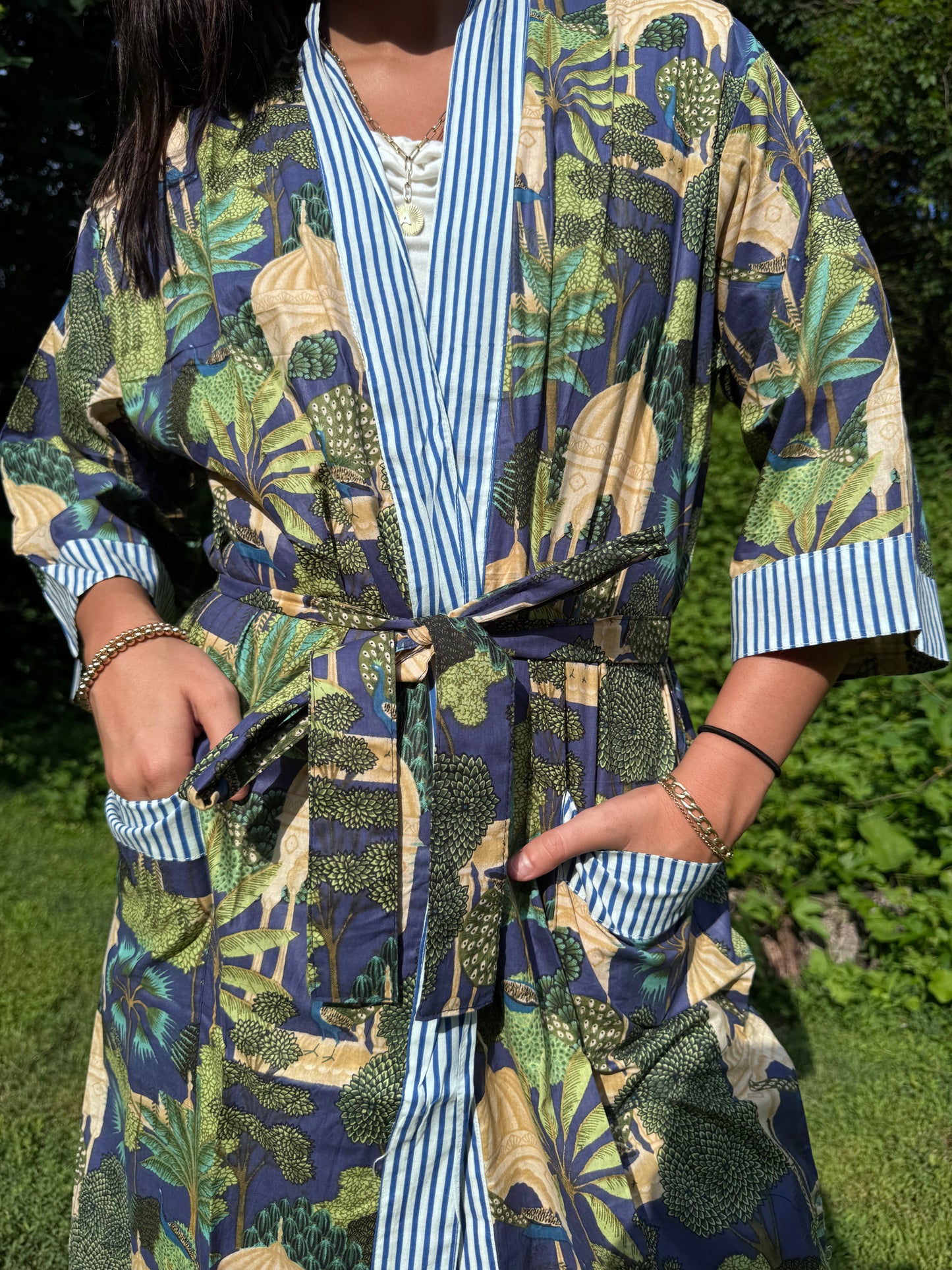 Hand-Block Print Robe | Midnight Jungle
