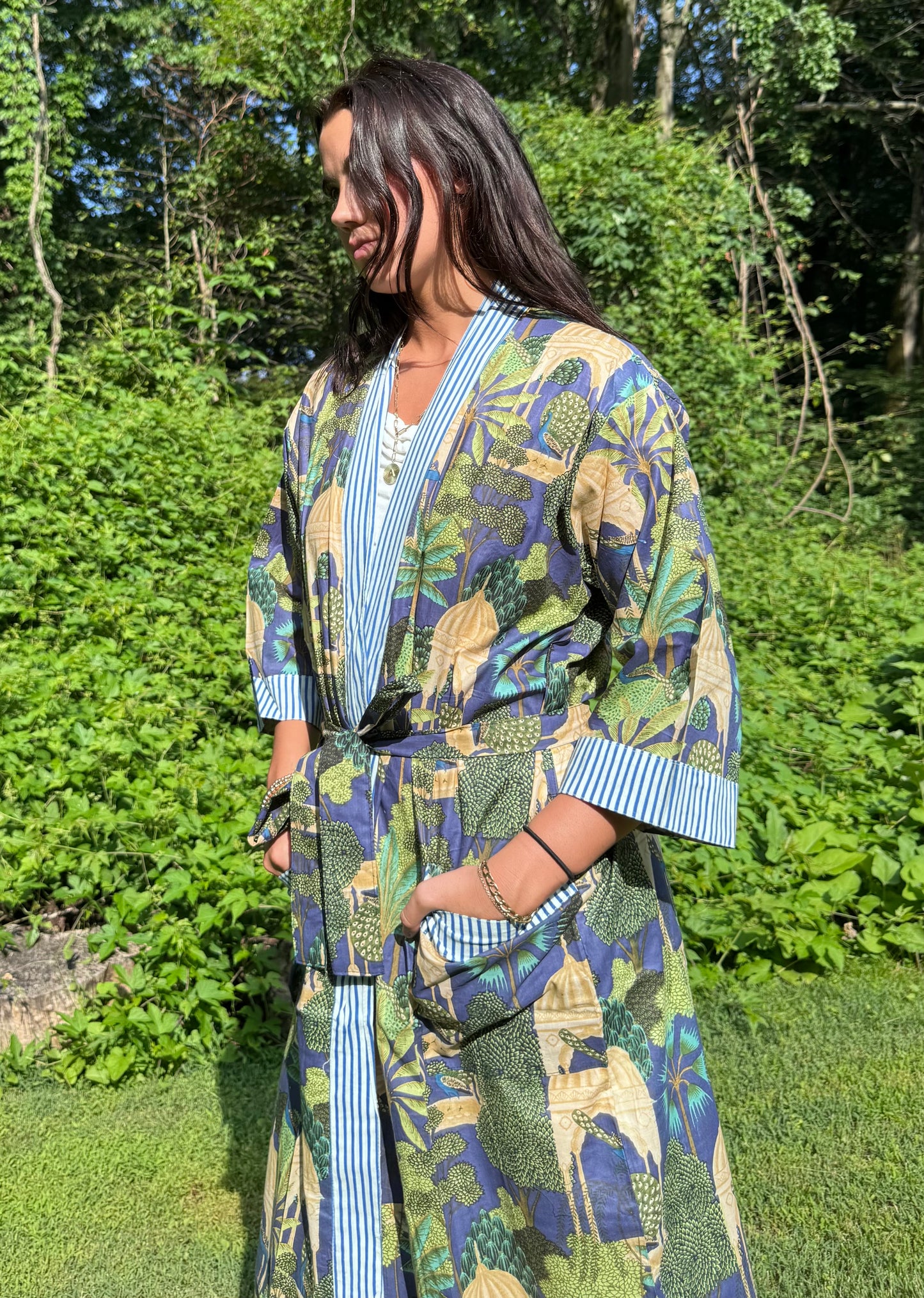 Hand-Block Print Robe | Midnight Jungle