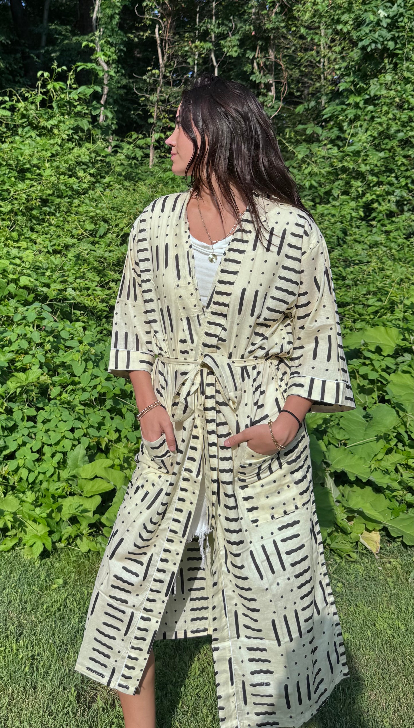 Hand-Block Print Robe | Midnight Brush (Cream)