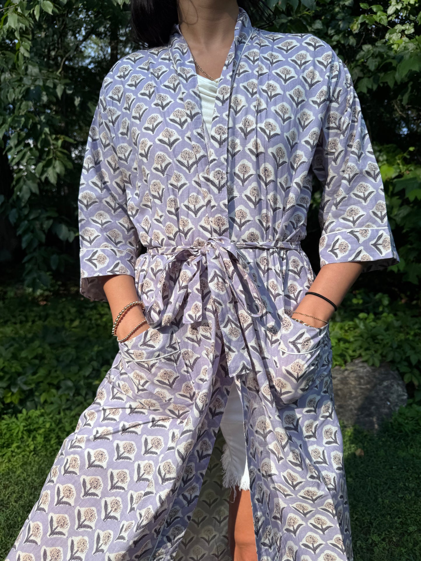 Hand-Block Print Robe | Lavender Fields