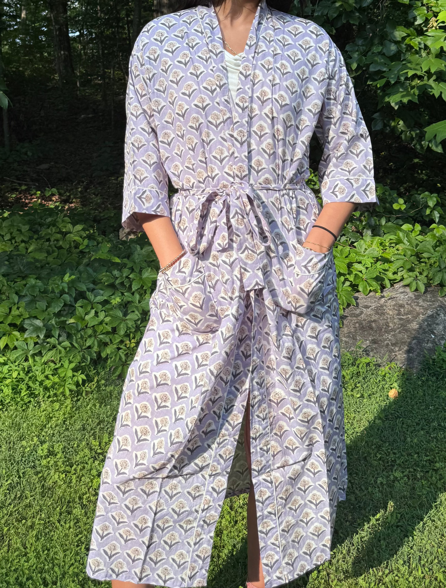 Hand-Block Print Robe | Lavender Fields