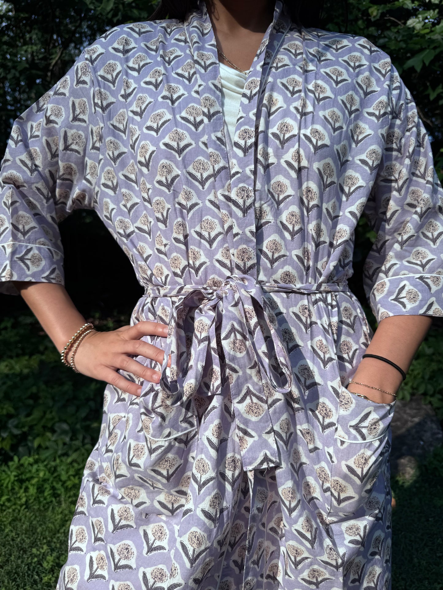 Hand-Block Print Robe | Lavender Fields