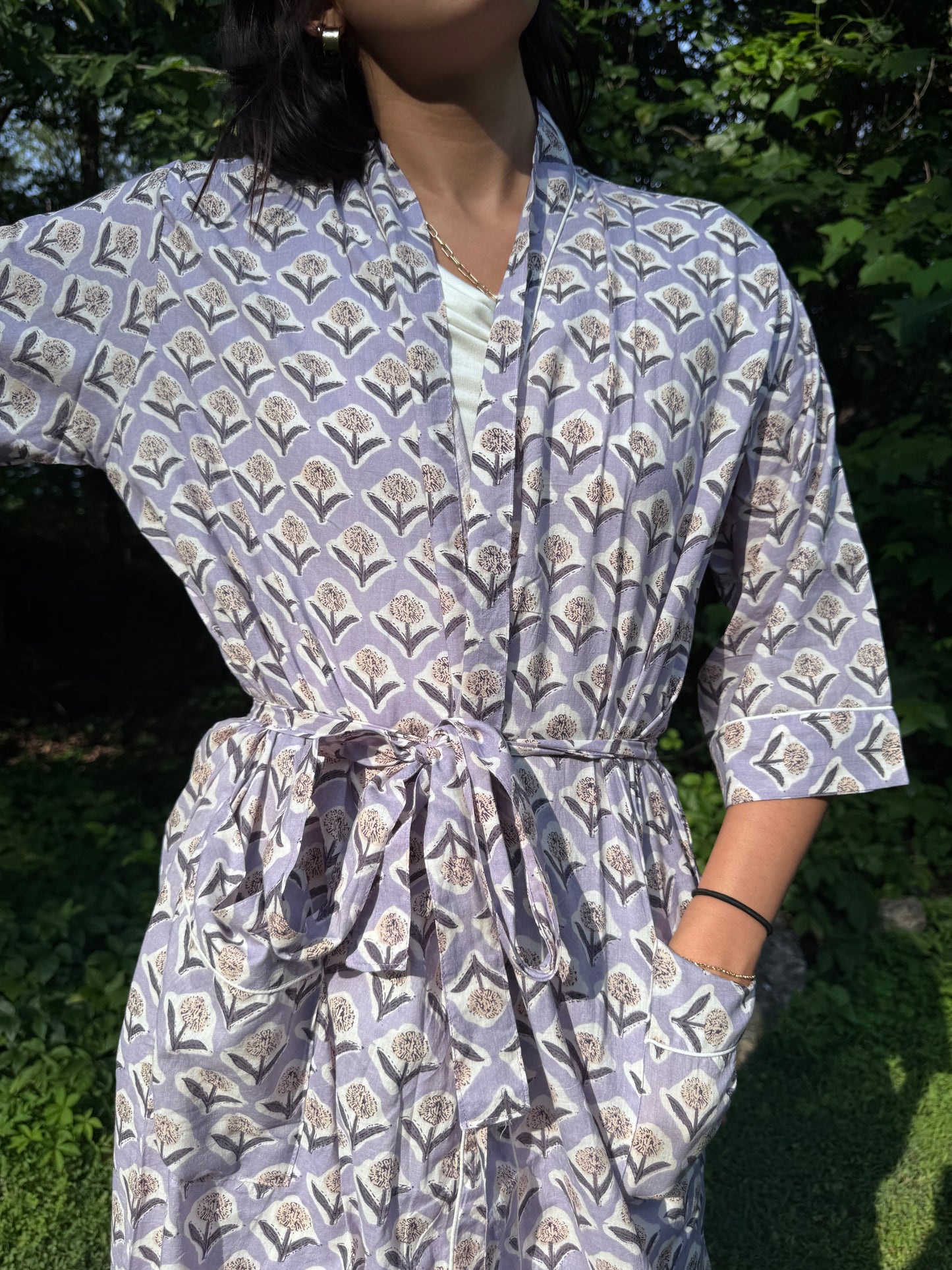 Hand-Block Print Robe | Lavender Fields