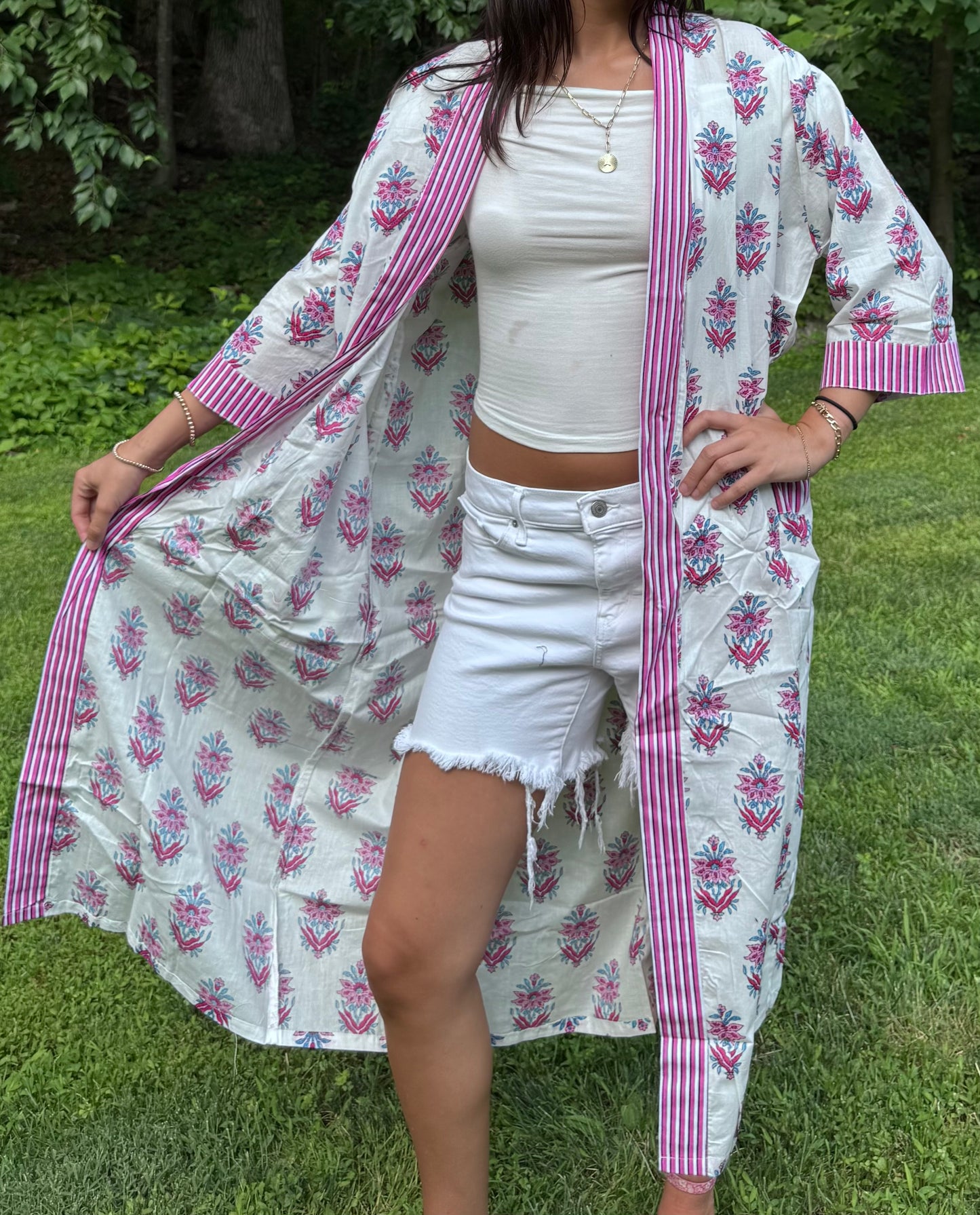 Hand-Block Print Robe | Pink Genda