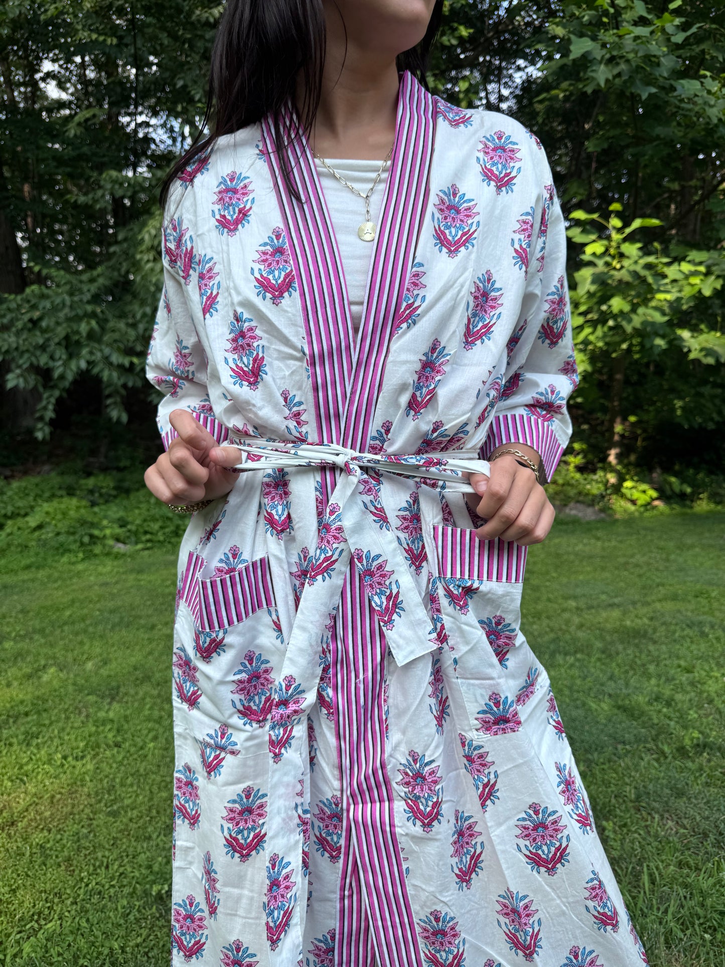 Hand-Block Print Robe | Pink Genda