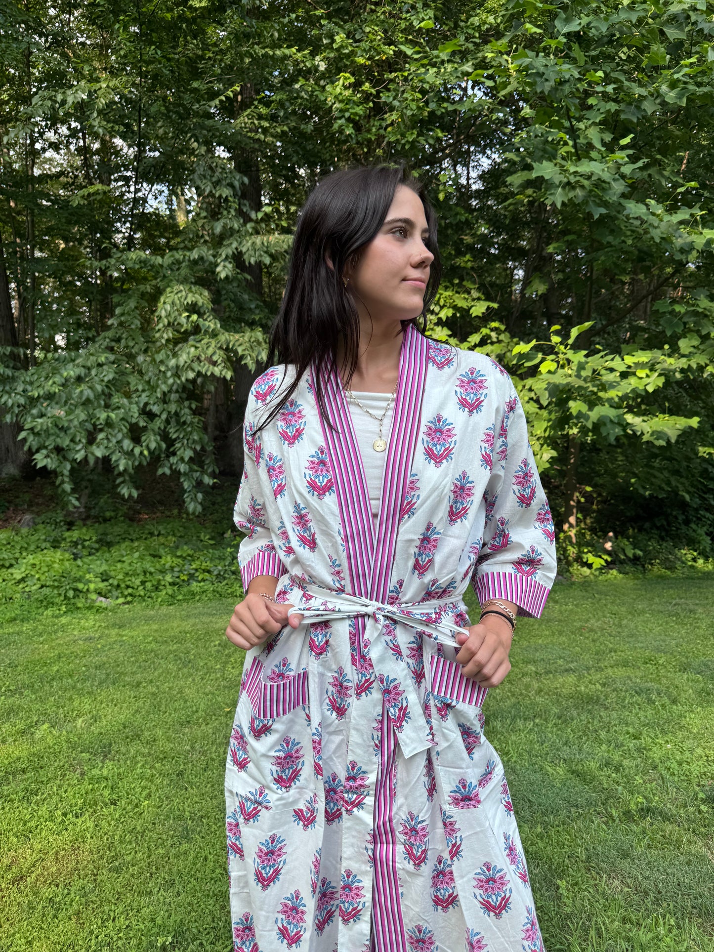 Hand-Block Print Robe | Pink Genda