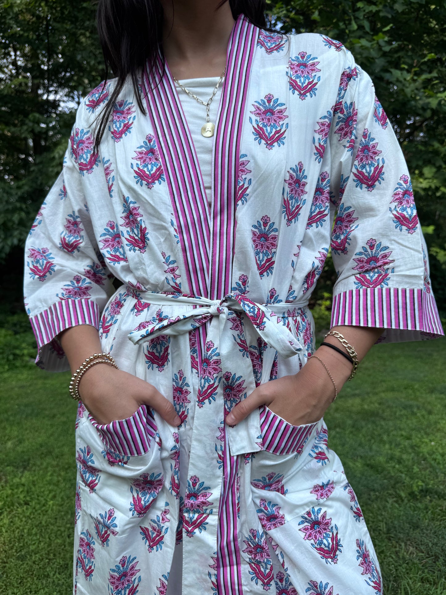 Hand-Block Print Robe | Pink Genda