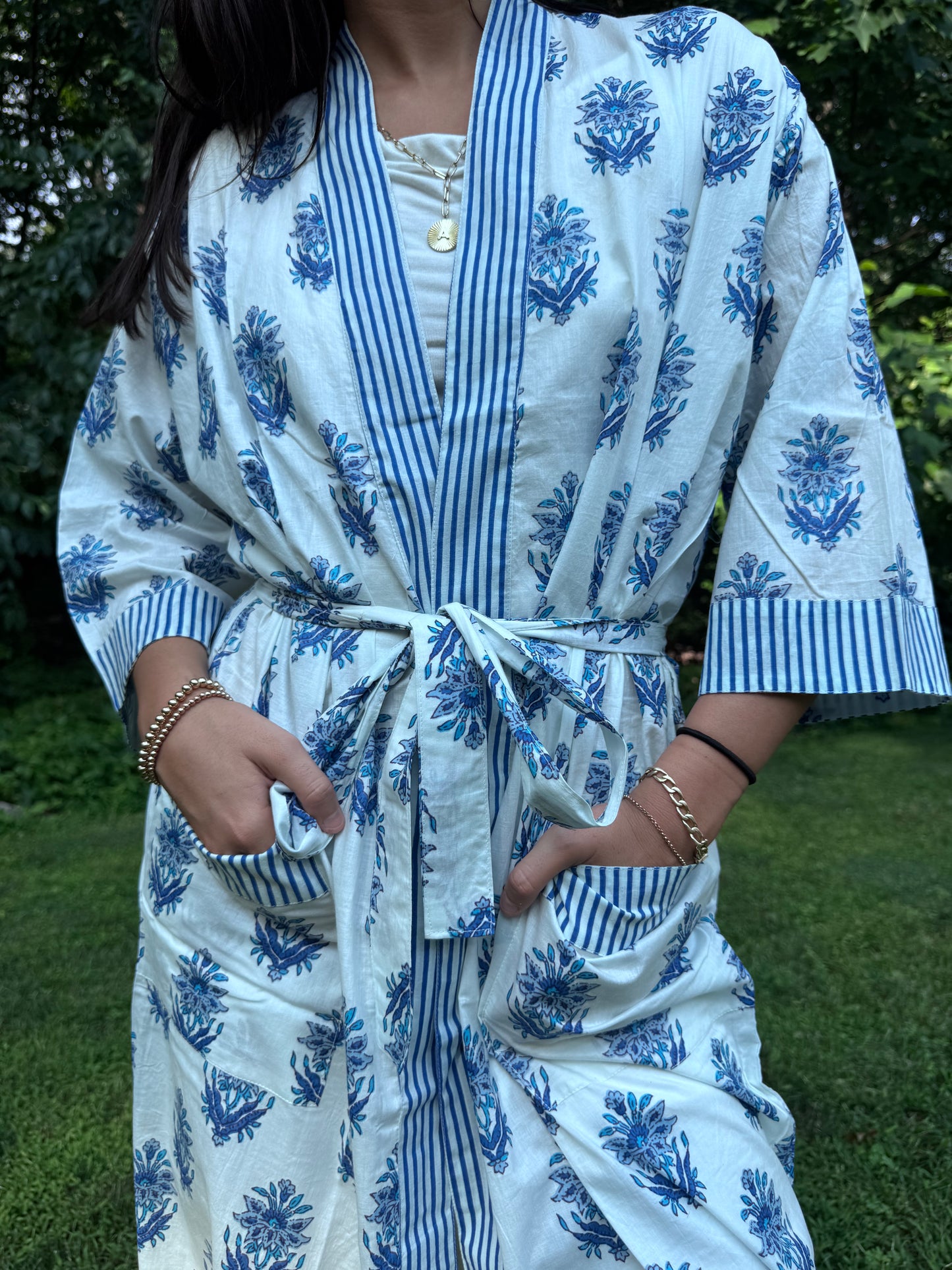 Hand-Block Print Robe | Blue Genda