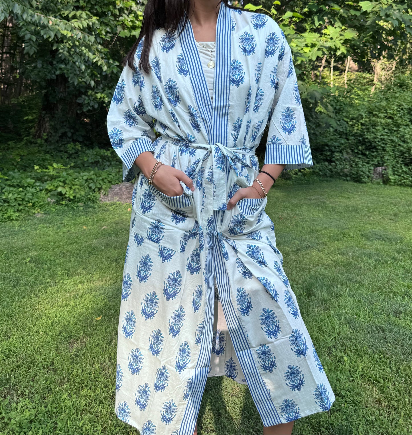 Hand-Block Print Robe | Blue Genda