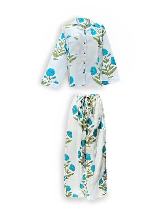 Women's Block Print Pajama Set | Turquoise Dahlia