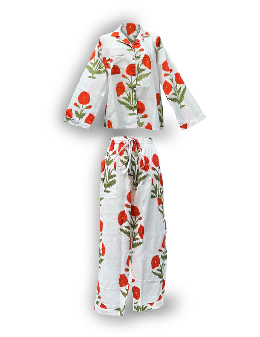 Women's Block Print Pajama Set | Orange Dahlia