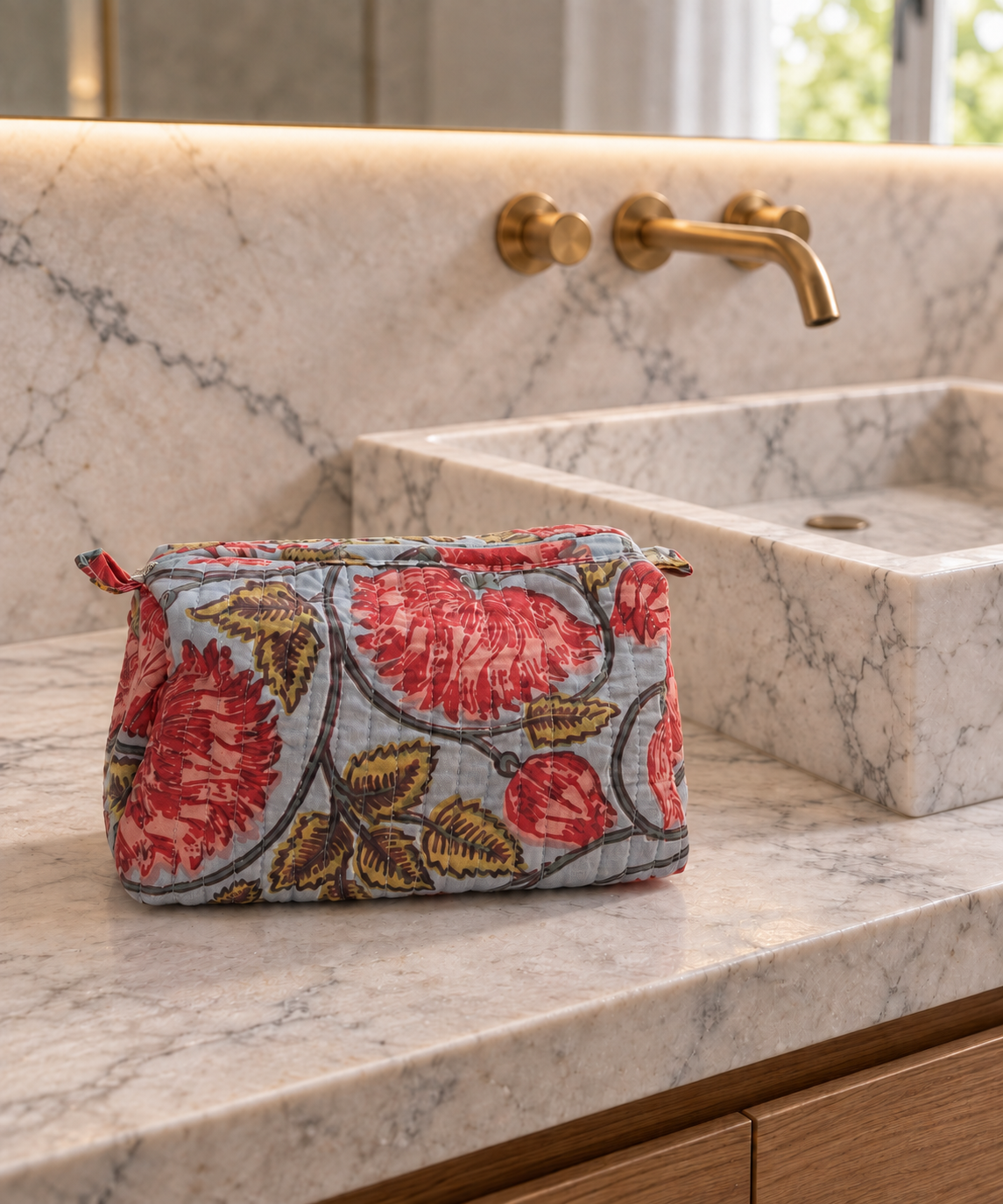 Set of Three Coral floral Hand-block Printed Travel Bags