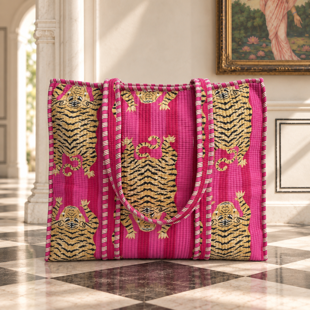 Pink Tiger Quilted Tote Bag