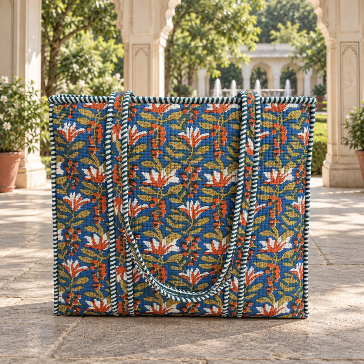 Blue and Orange Floral Quilted Tote Bag