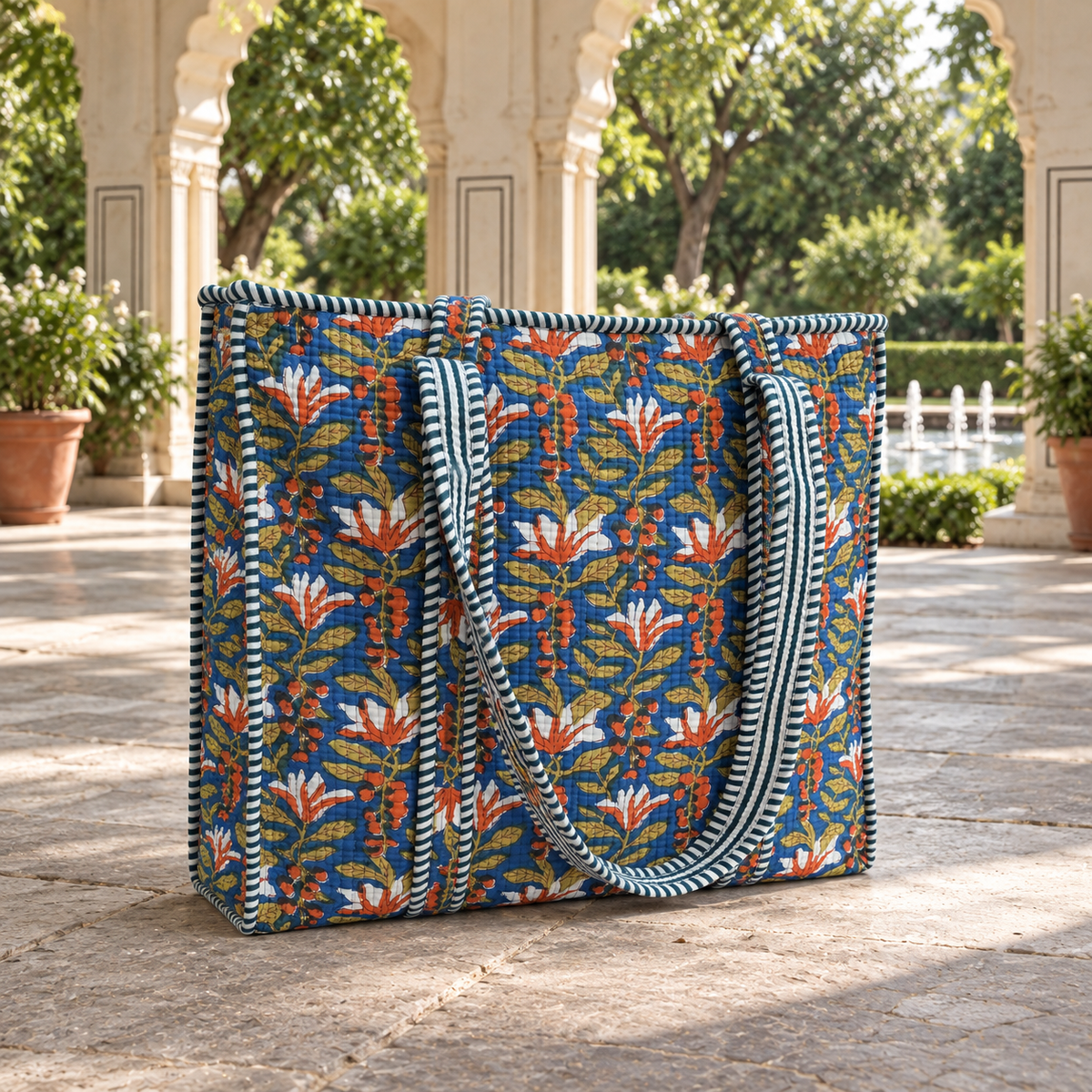 Blue and Orange Floral Quilted Tote Bag