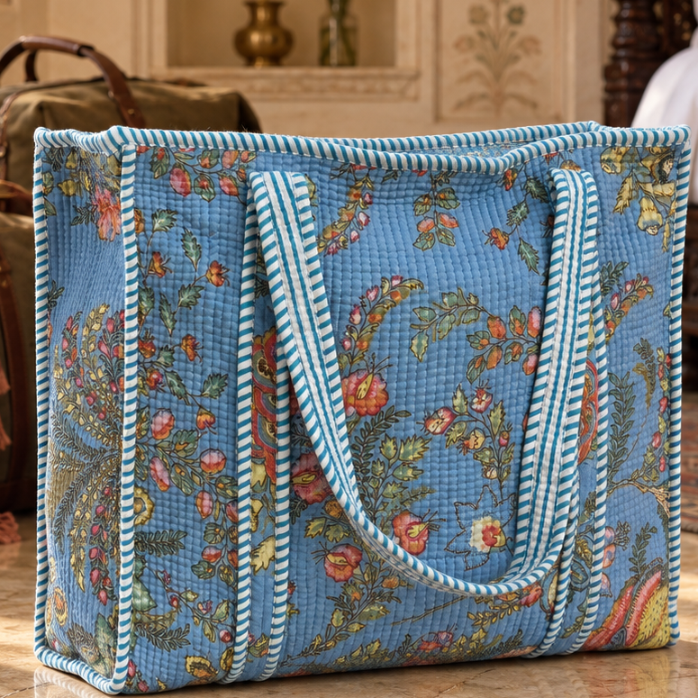 Pale Blue Floral Quilted Tote Bag
