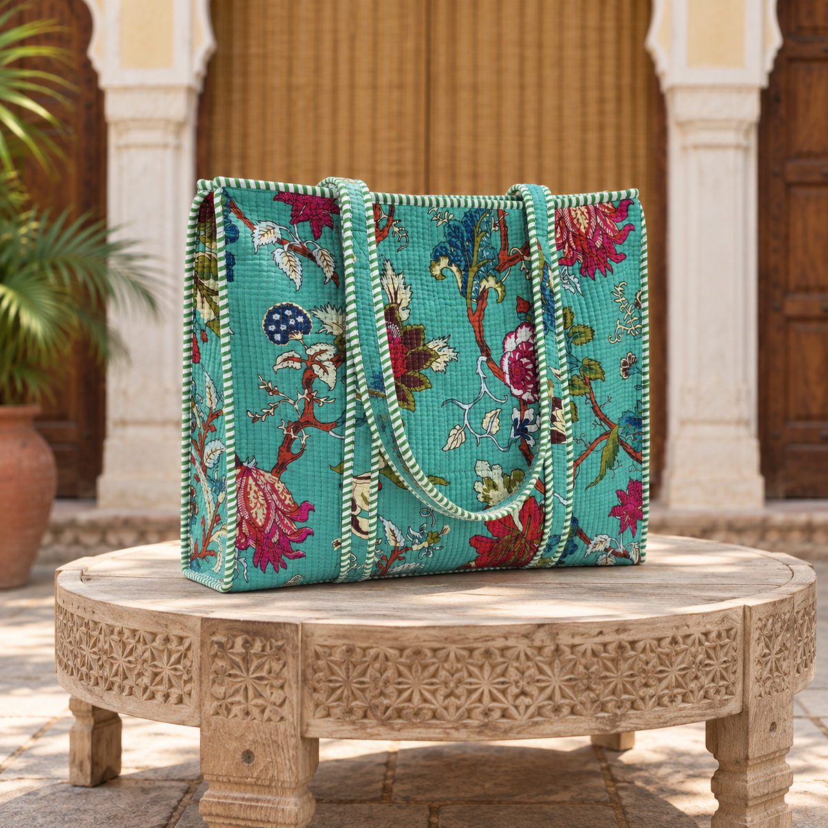 Turquoise Floral Quilted Tote Bag