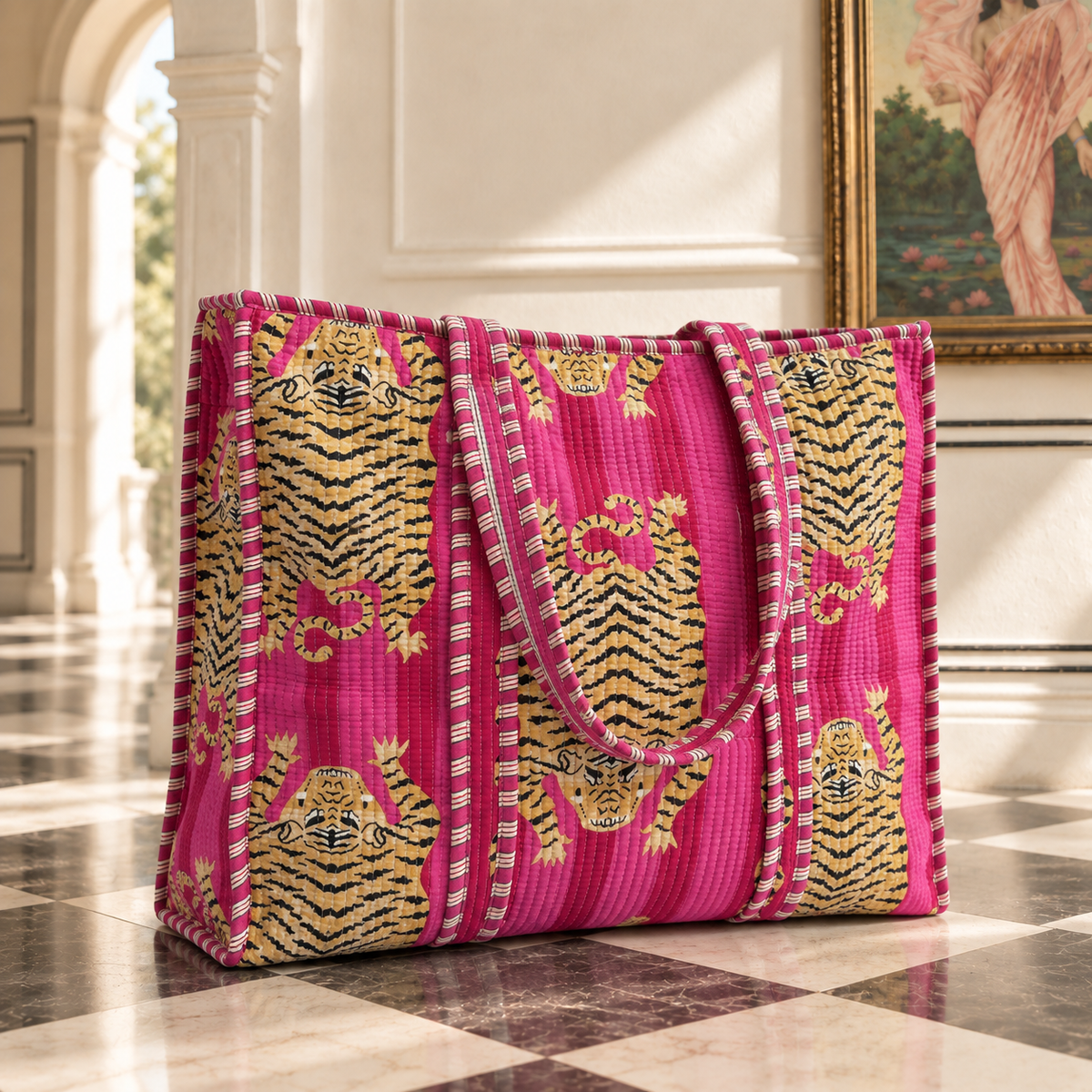 Pink Tiger Quilted Tote Bag
