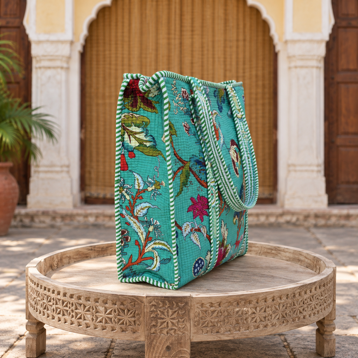 Turquoise Floral Quilted Tote Bag